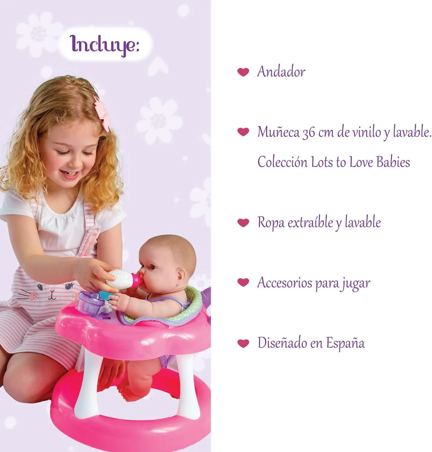 JC Toys Lots to Love Babies 14"" Doll and Walker | Wheeled Walker Gift Set and Accessories | Posable & Waterproof | Ages 2 " (16198), Pink