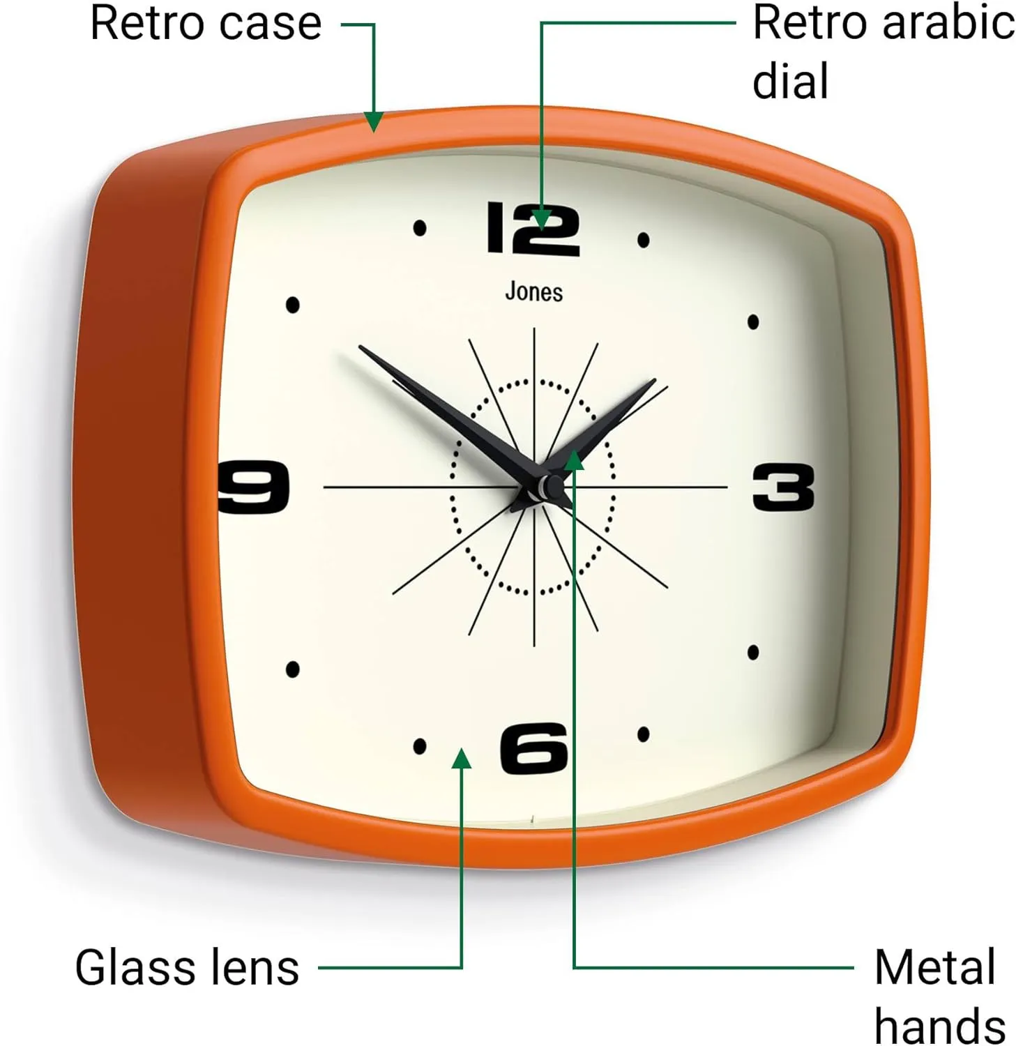 JONES CLOCKS® Movie Wall Clock | Retro Rectangular Clock | 10 inch | Orange | Cool Designer Look for Kitchen, Living Room or Office
