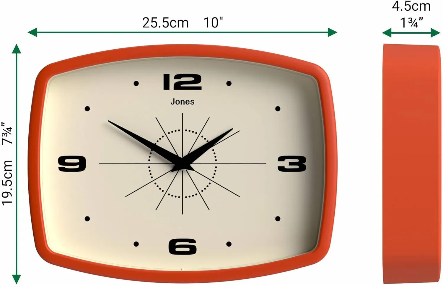 JONES CLOCKS® Movie Wall Clock | Retro Rectangular Clock | 10 inch | Orange | Cool Designer Look for Kitchen, Living Room or Office