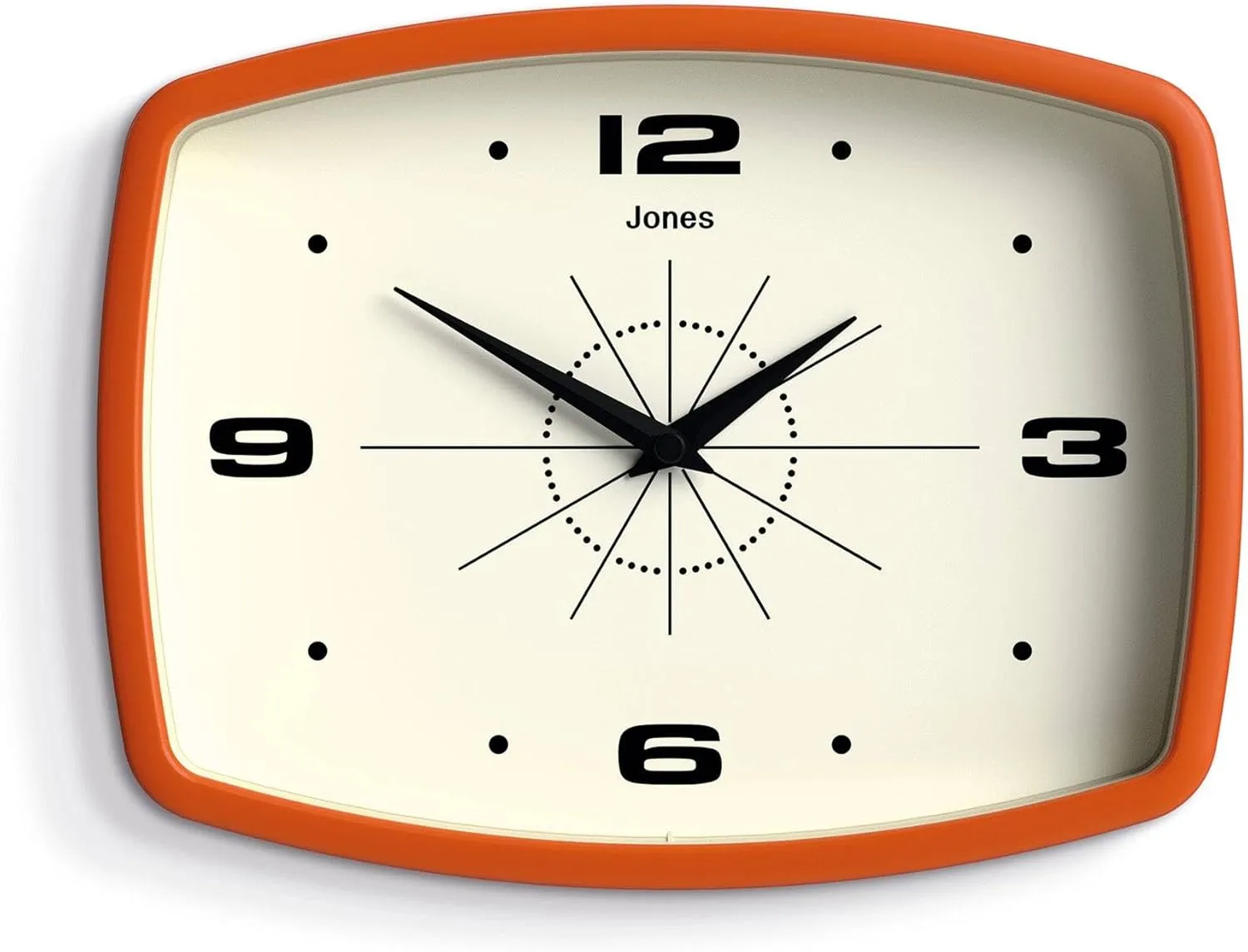 JONES CLOCKS® Movie Wall Clock | Retro Rectangular Clock | 10 inch | Orange | Cool Designer Look for Kitchen, Living Room or Office