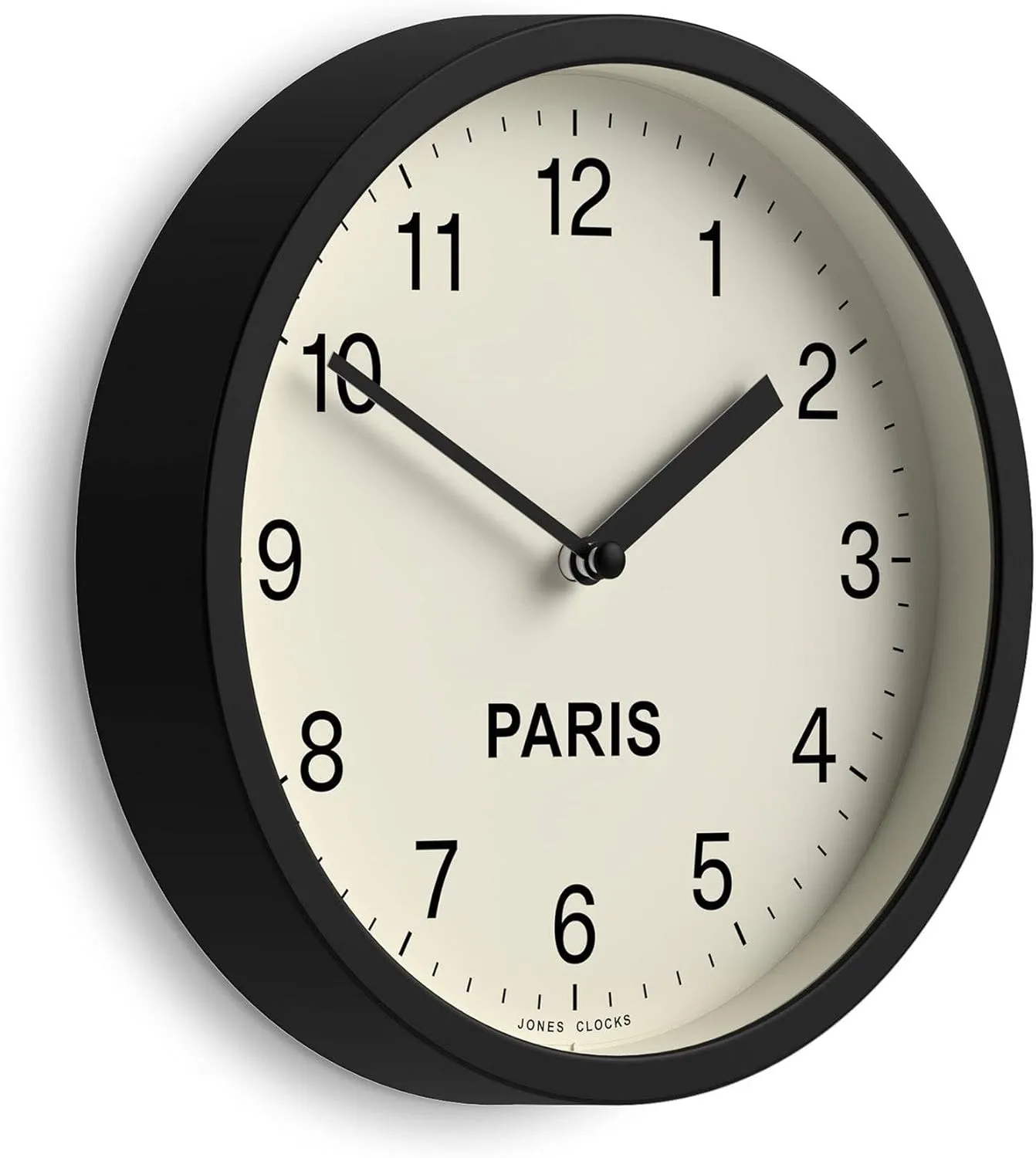 JONES CLOCKS® Paris Time Zone Wall Clock | Small Modern Round Clock | 20cm | Black | Easy to Read Numbers | Ideal for Kitchen, Living Room, Office or Any Small Space