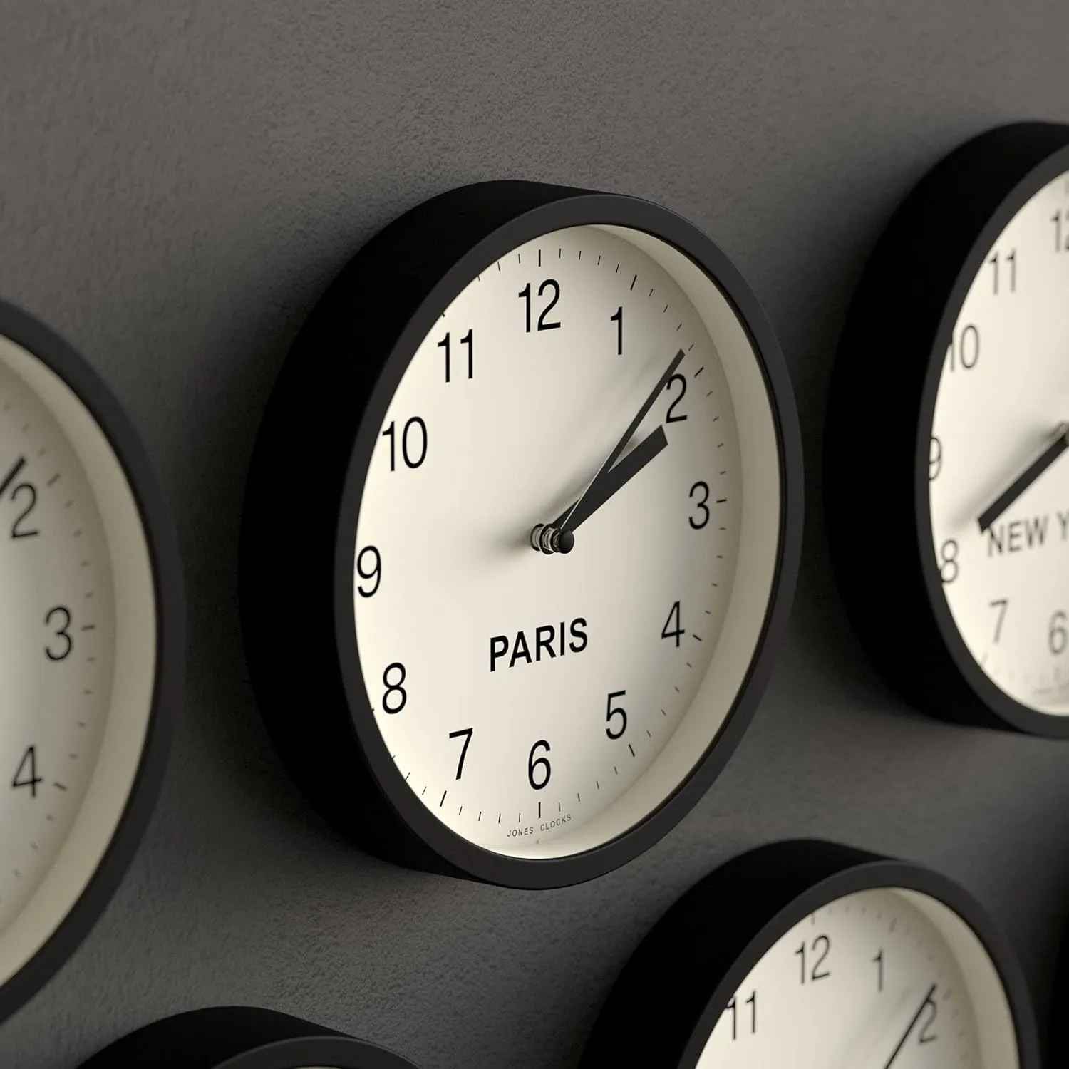 JONES CLOCKS® Paris Time Zone Wall Clock | Small Modern Round Clock | 20cm | Black | Easy to Read Numbers | Ideal for Kitchen, Living Room, Office or Any Small Space