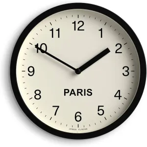 JONES CLOCKS® Paris Time Zone Wall Clock | Small Modern Round Clock | 20cm | Black | Easy to Read Numbers | Ideal for Kitchen, Living Room, Office or Any Small Space