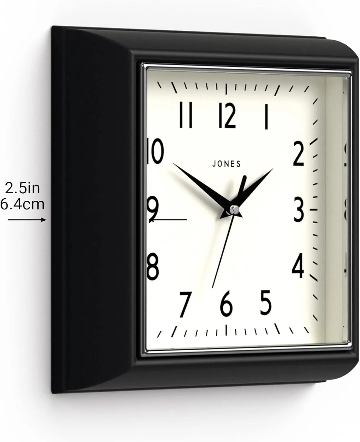 JONES CLOCKS The Mustard Wall Clock - Analog Retro Kitchen Clock - Easy to Read Dial - Square 10in British Design (Black)
