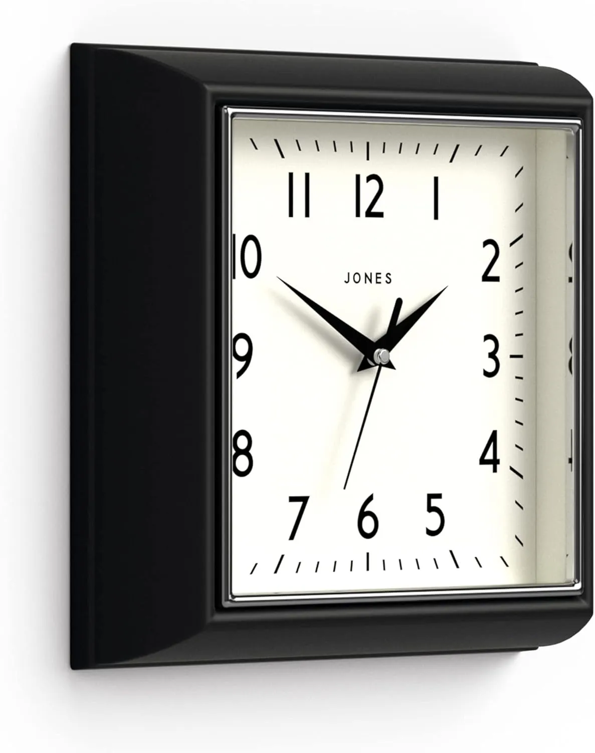 JONES CLOCKS The Mustard Wall Clock - Analog Retro Kitchen Clock - Easy to Read Dial - Square 10in British Design (Black)
