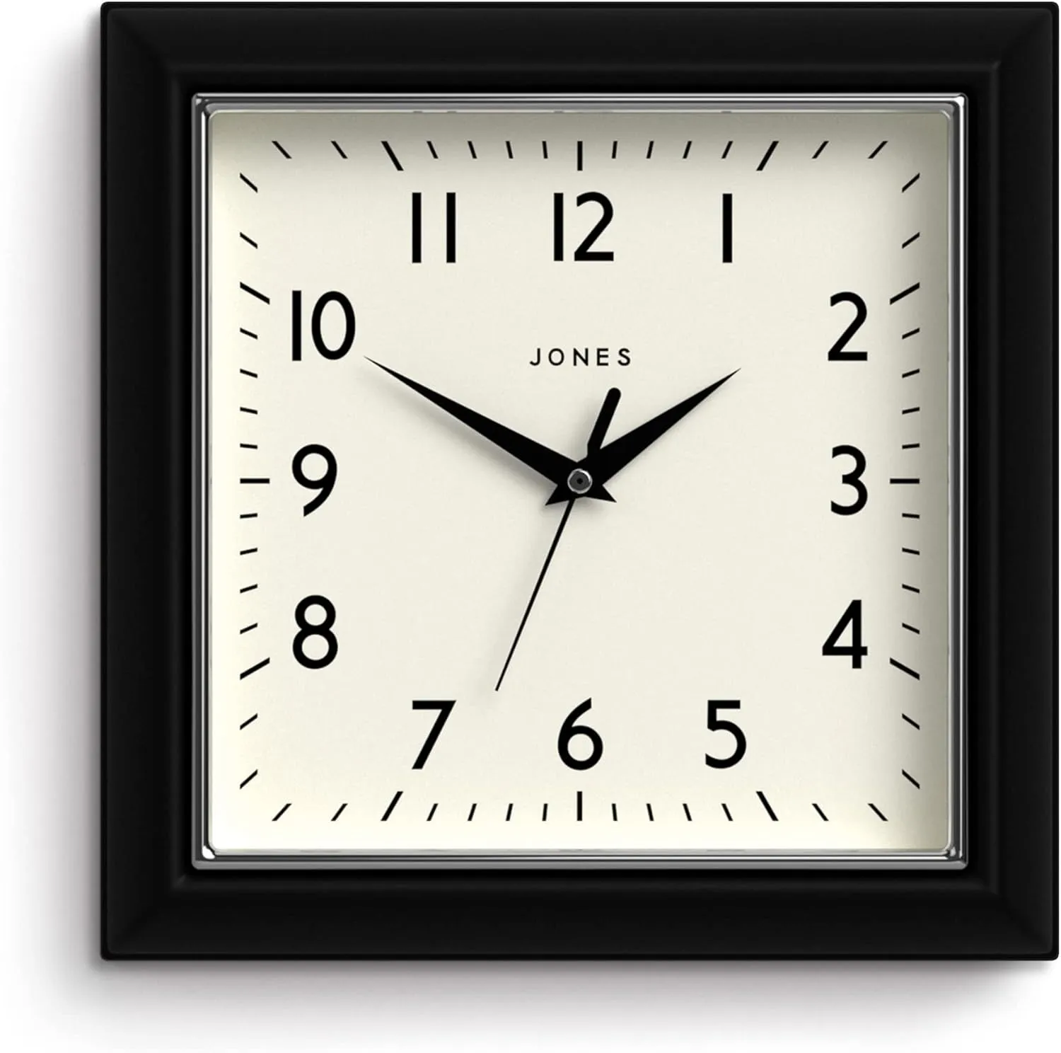 JONES CLOCKS The Mustard Wall Clock - Analog Retro Kitchen Clock - Easy to Read Dial - Square 10in British Design (Black)
