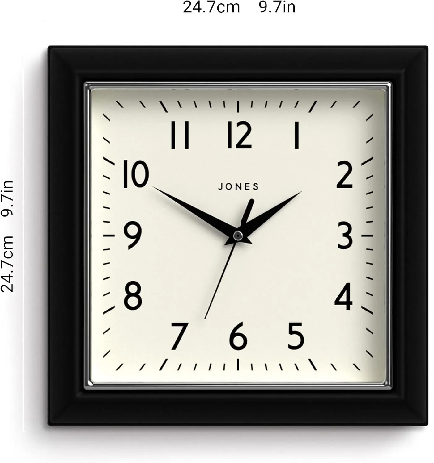 JONES CLOCKS The Mustard Wall Clock - Analog Retro Kitchen Clock - Easy to Read Dial - Square 10in British Design (Black)