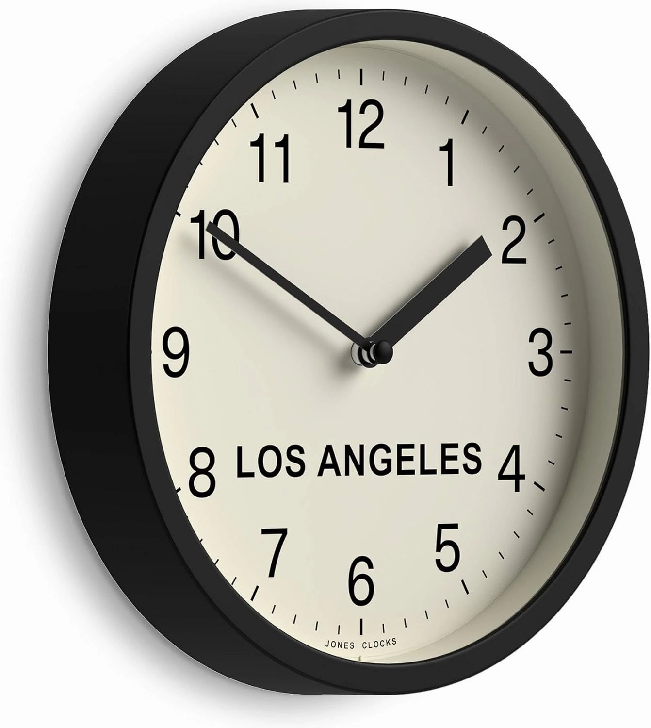 JONES CLOCKS® Los Angeles Time Zone Wall Clock | Small Modern Round Clock | 20cm | Black | Easy to Read Numbers | Ideal for Kitchen, Living Room, Office or Any Small Space