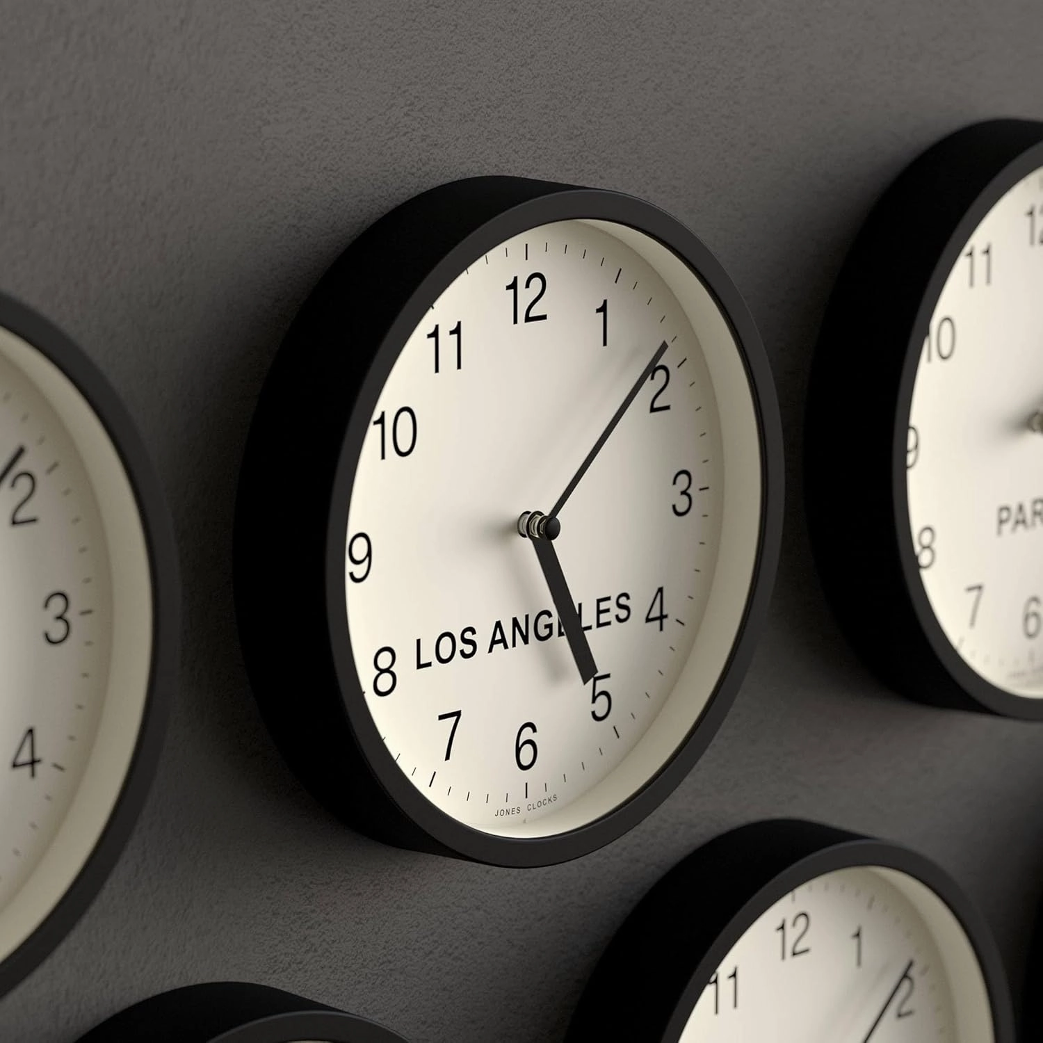 JONES CLOCKS® Los Angeles Time Zone Wall Clock | Small Modern Round Clock | 20cm | Black | Easy to Read Numbers | Ideal for Kitchen, Living Room, Office or Any Small Space
