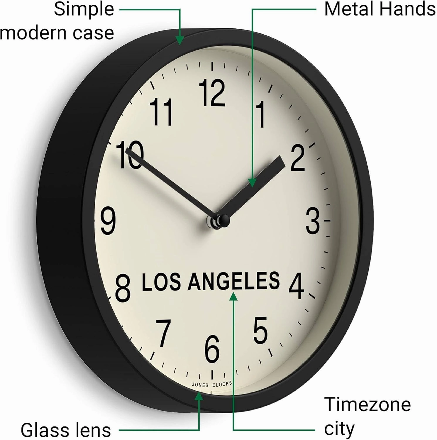 JONES CLOCKS® Los Angeles Time Zone Wall Clock | Small Modern Round Clock | 20cm | Black | Easy to Read Numbers | Ideal for Kitchen, Living Room, Office or Any Small Space