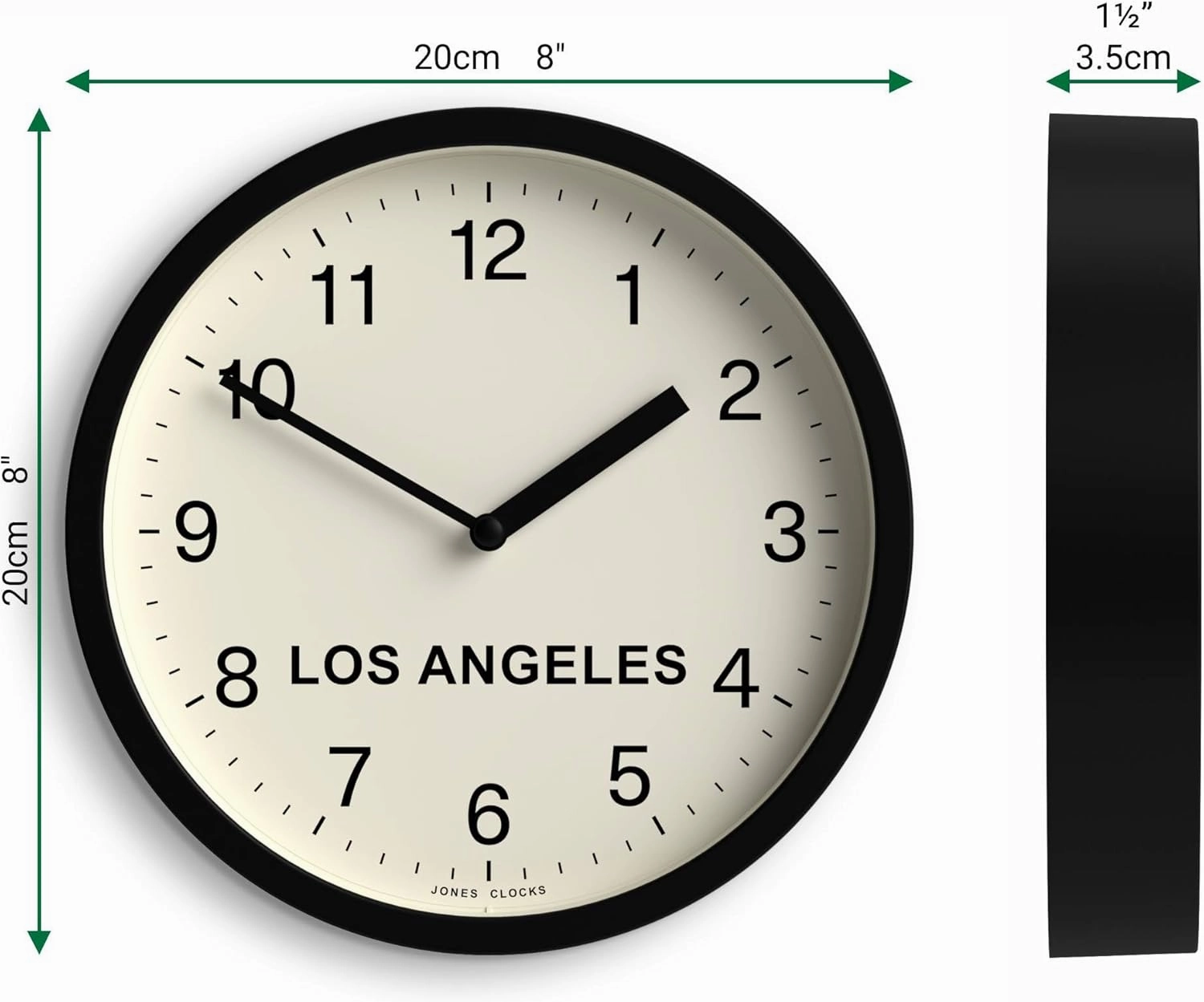 JONES CLOCKS® Los Angeles Time Zone Wall Clock | Small Modern Round Clock | 20cm | Black | Easy to Read Numbers | Ideal for Kitchen, Living Room, Office or Any Small Space