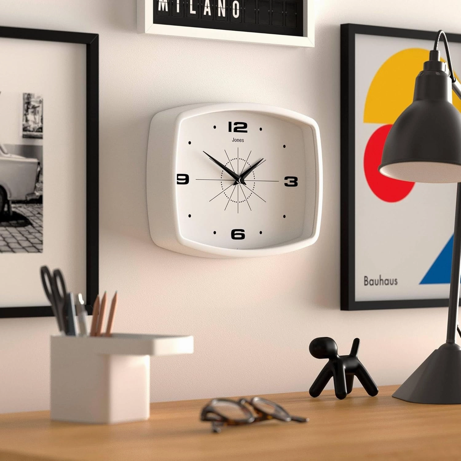JONES CLOCKS® Movie Wall Clock | Retro Rectangular Clock | 10 inch | White | Cool Designer Look for Kitchen, Living Room or Office