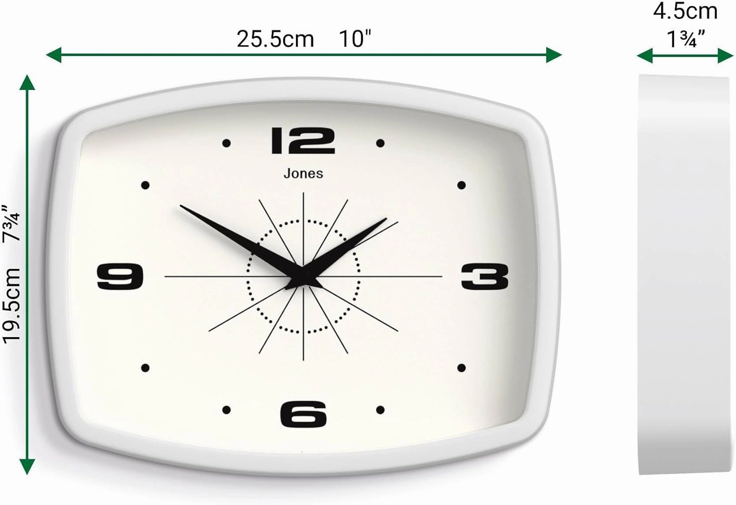 JONES CLOCKS® Movie Wall Clock | Retro Rectangular Clock | 10 inch | White | Cool Designer Look for Kitchen, Living Room or Office