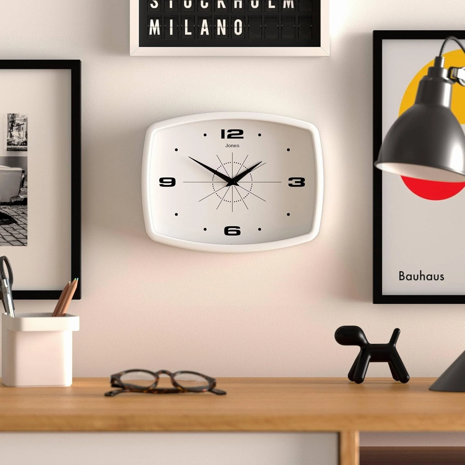 JONES CLOCKS® Movie Wall Clock | Retro Rectangular Clock | 10 inch | White | Cool Designer Look for Kitchen, Living Room or Office