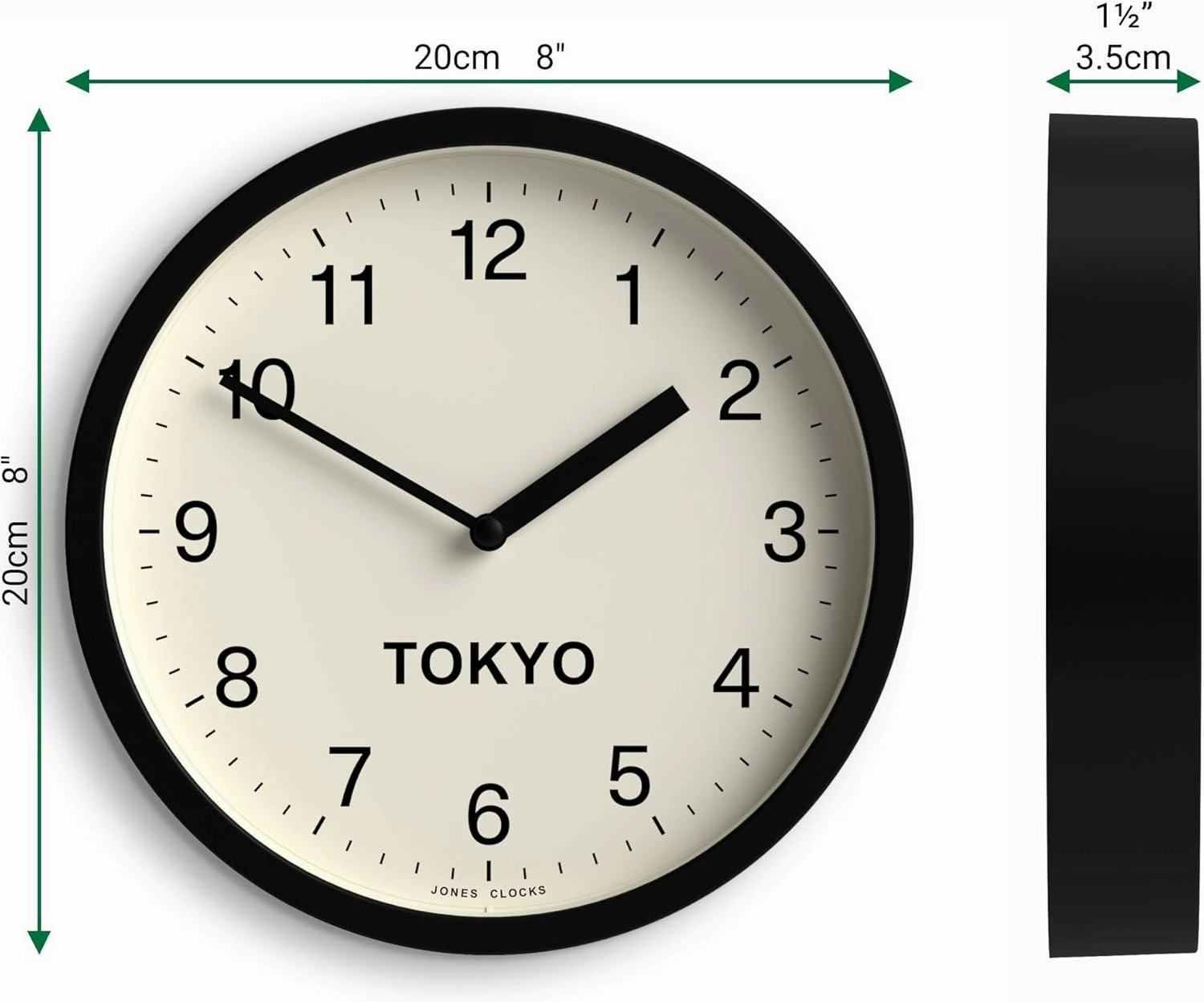 JONES CLOCKS® Tokyo Zone Wall Clock | Small Modern Round Clock | 20cm | Black | Easy to Read Numbers | Ideal for Kitchen, Living Room, Office or Any Small Space