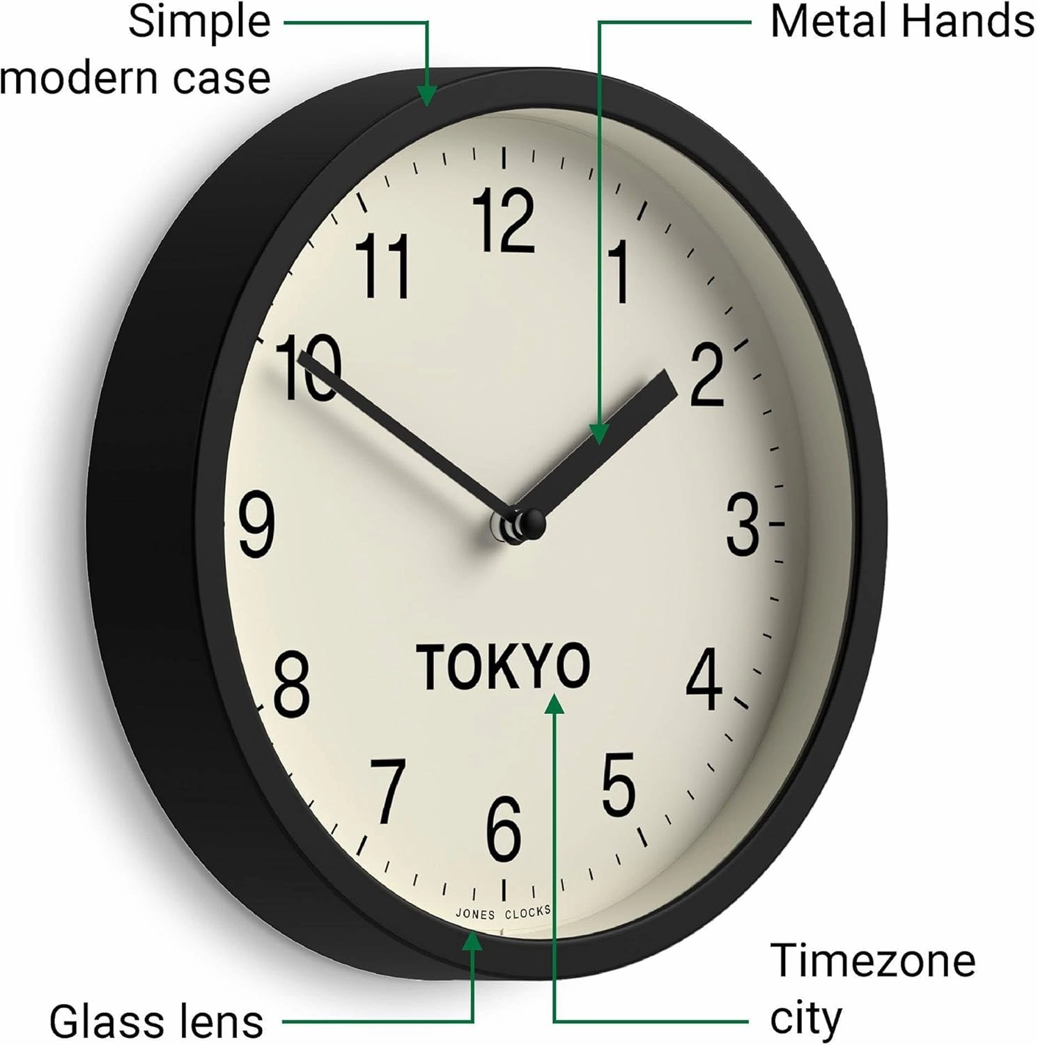 JONES CLOCKS® Tokyo Zone Wall Clock | Small Modern Round Clock | 20cm | Black | Easy to Read Numbers | Ideal for Kitchen, Living Room, Office or Any Small Space