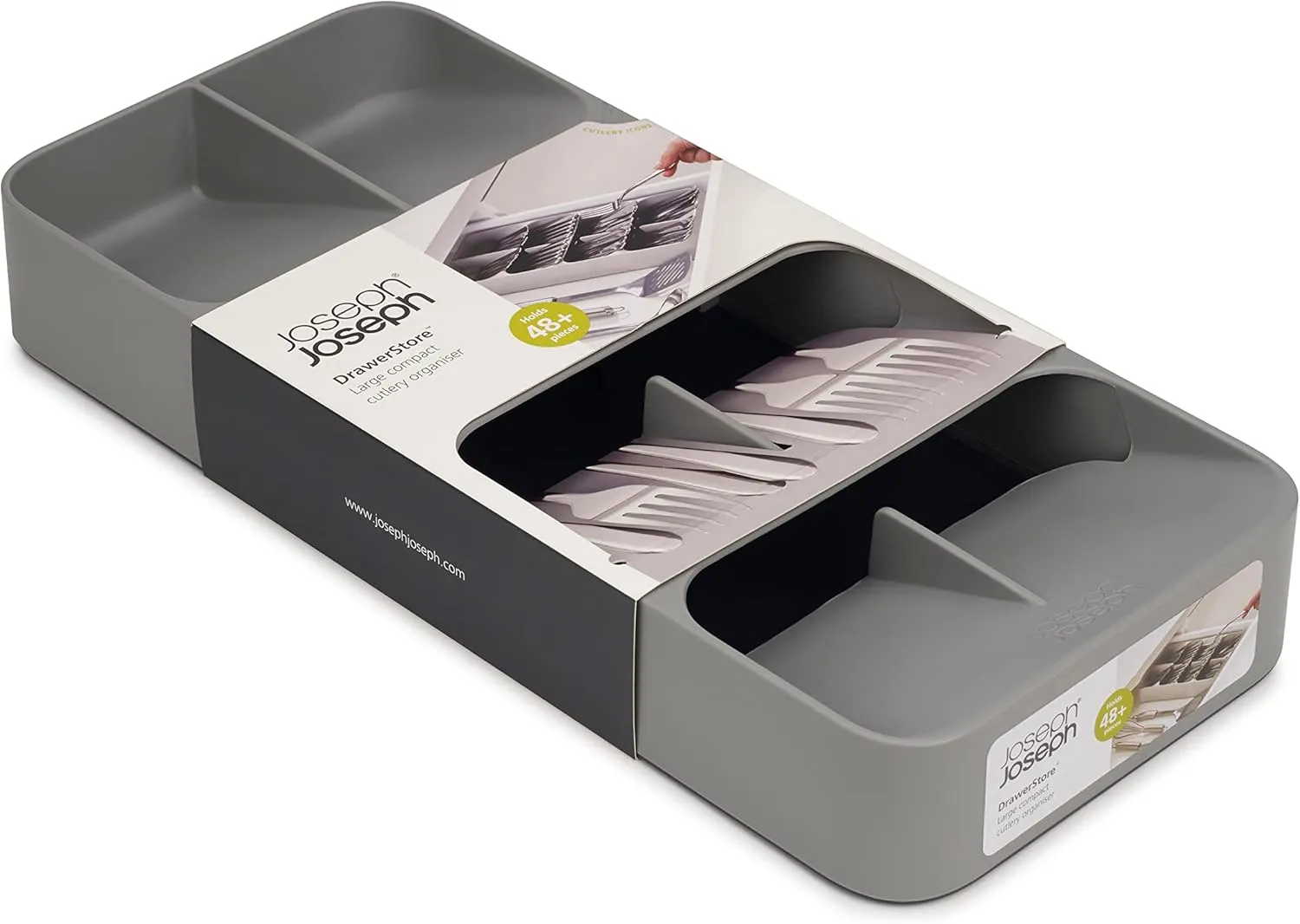 Joseph Joseph DrawerStore Compact Utensil Organizer For Kitchen Drawer Silverware, Flatware Tray, Grey