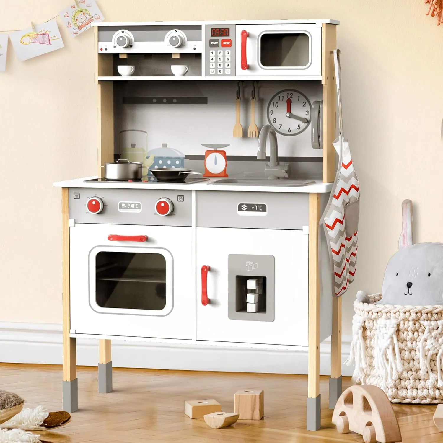 JOYOOSS Play Kitchen for Kids,Wooden Kids Kitchen Playset Toy Toddler Play Kitchen Set for Toddlers 3  with Real Lights & Soundswith Cookware Accessories