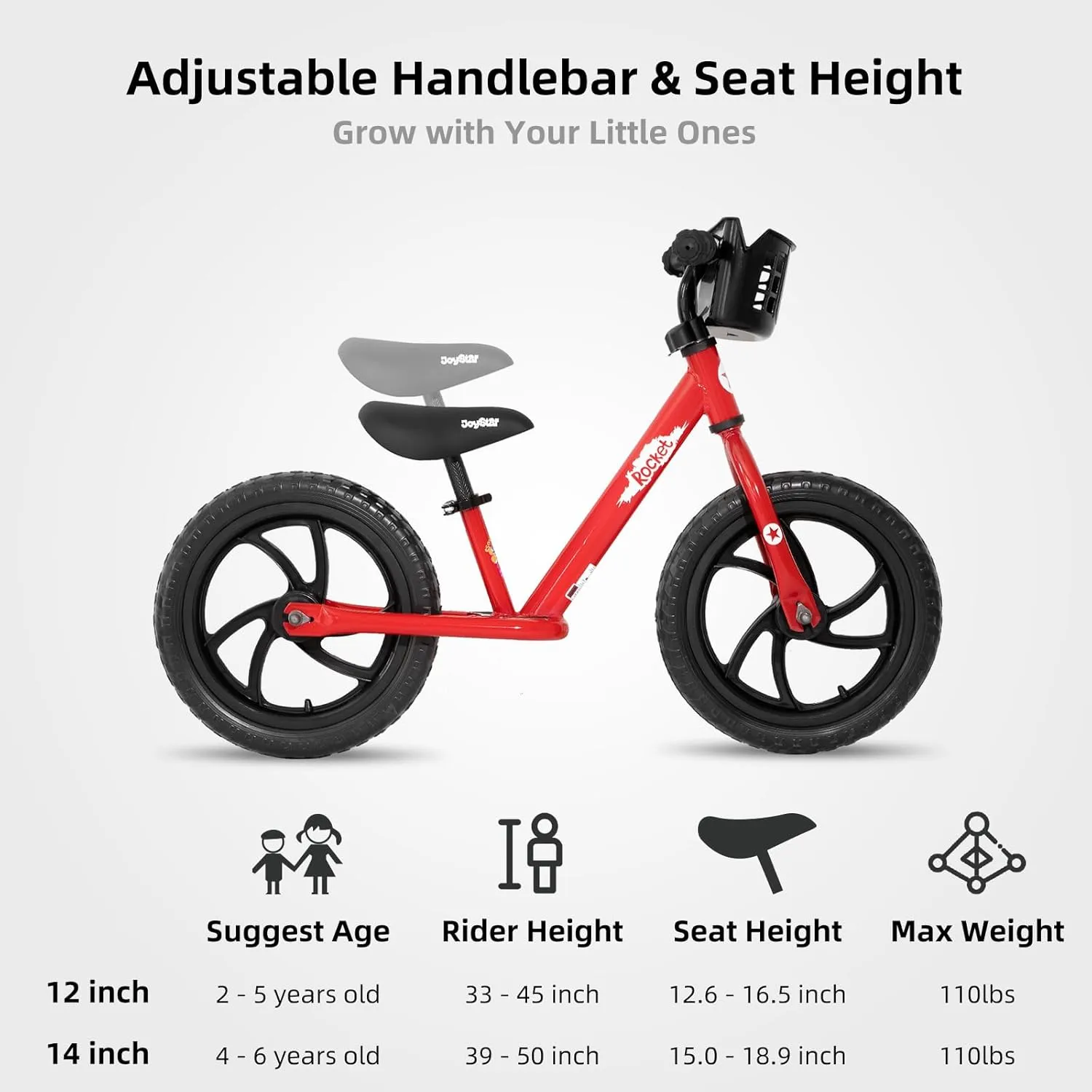 JOYSTAR 12/14 Inch Kids Balance Bike for 18months-5 Years Old Boys Girls, Lightweight Toddler Balance Bikes with Footrest and Handlebar Basket or Doll Seat