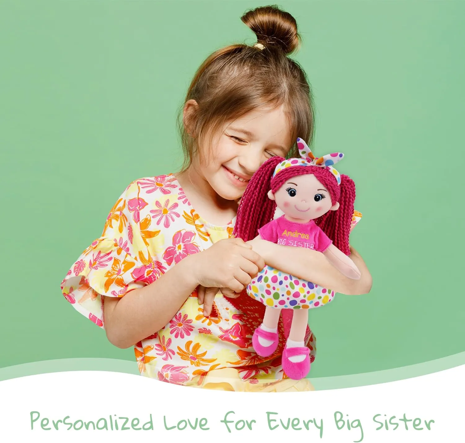 June Garden Personalized Best Big Sister Sophie - Soft Cuddly Plush Doll Gift for Girls - Huggable Rag Doll - Customized Name