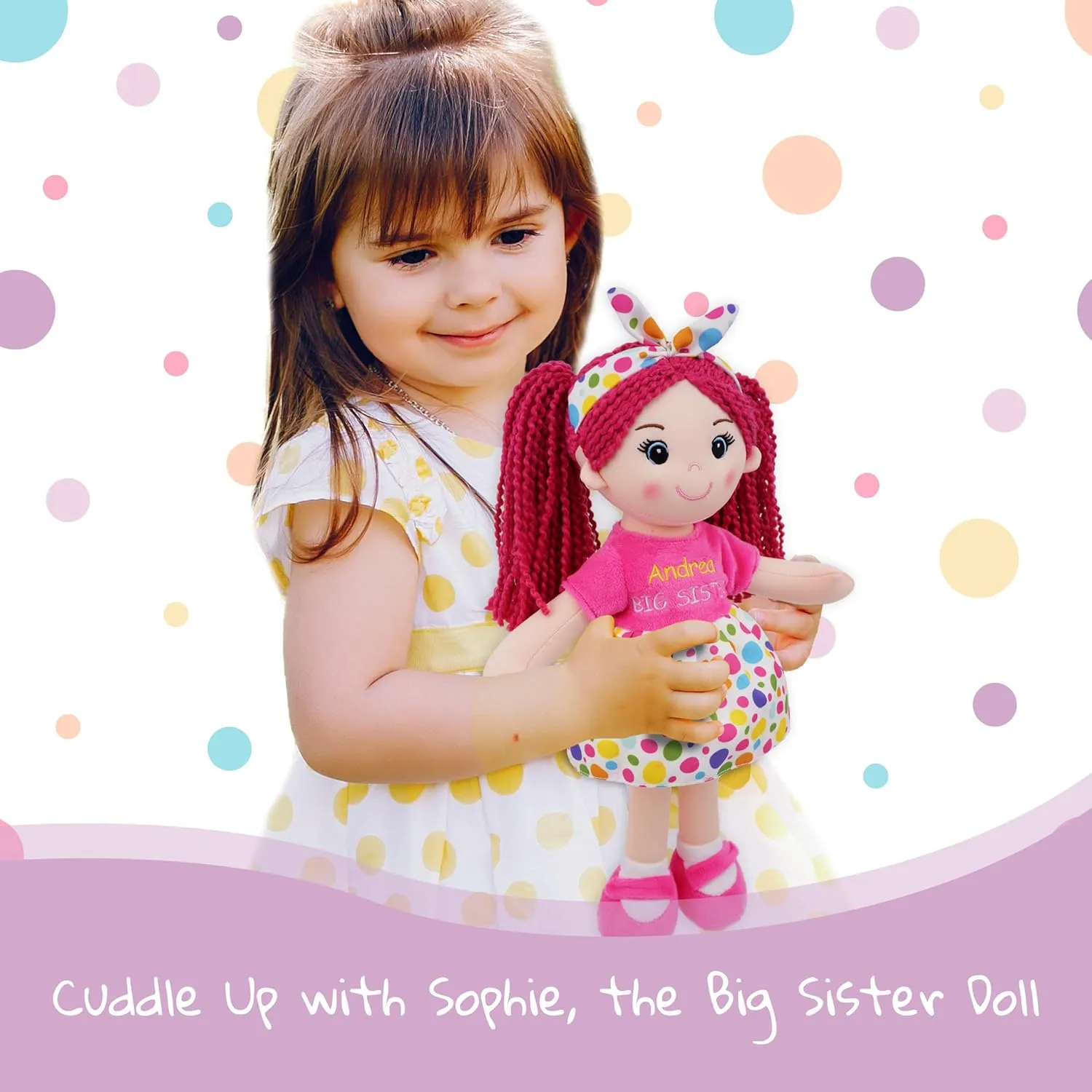 June Garden Personalized Best Big Sister Sophie - Soft Cuddly Plush Doll Gift for Girls - Huggable Rag Doll - Customized Name