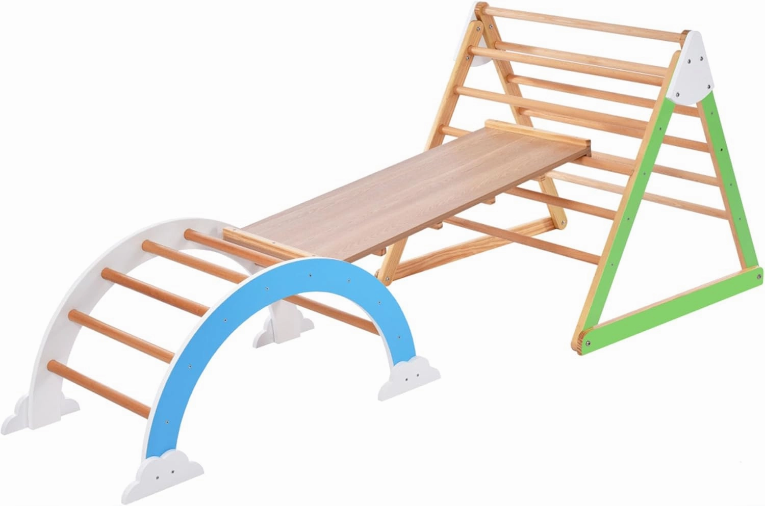 Jungle Gym Indoor Outdoor Wooden Climbing Triangle Toys - Indoor Arc Climber Jungle with Ramp and Arch Toy Rocker, Reversible Multifunction Playset Natural Wood Playground