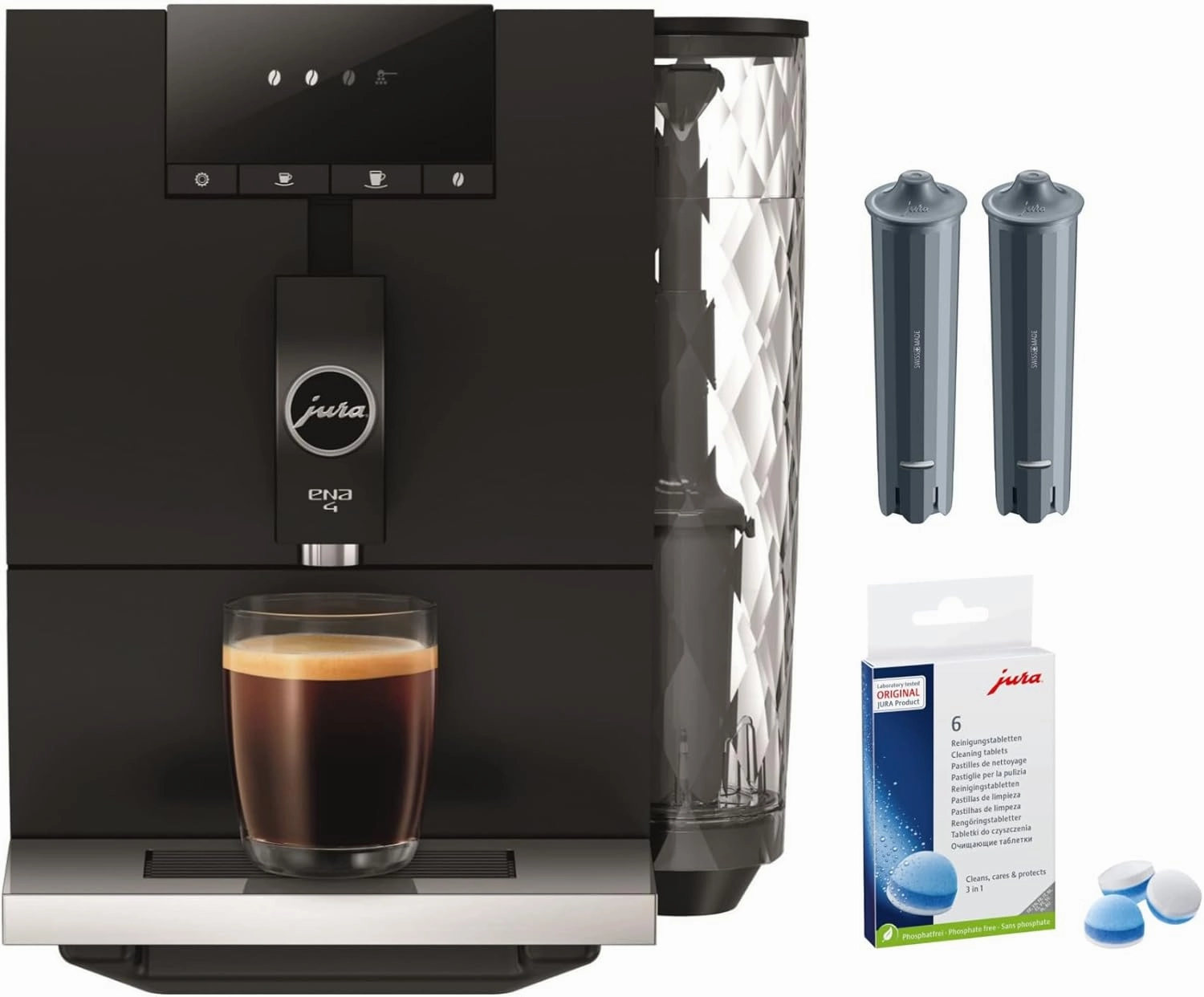 Jura ENA 4 Metropolitan Black Espresso Machine Bundle 3-Phase Cleaning Tablets Clearyl Smart  Filter Cartridge Water Stabilizer (2-Pack) (4 Items)