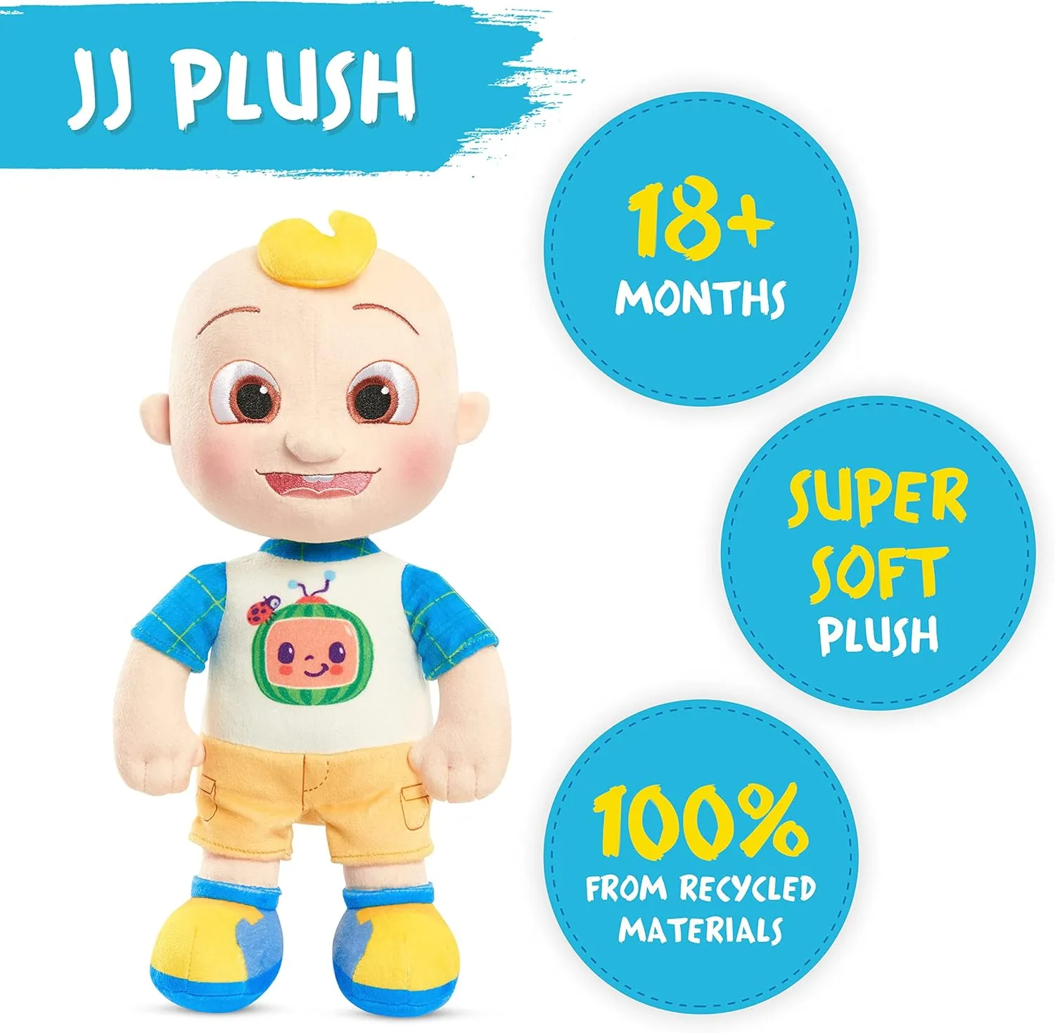 Just Play Cocomelon 100% Recycled Materials 13-inch JJ Plush Stuffed Doll, Super-Soft and Huggable, Kids Toys for Ages 18 Month