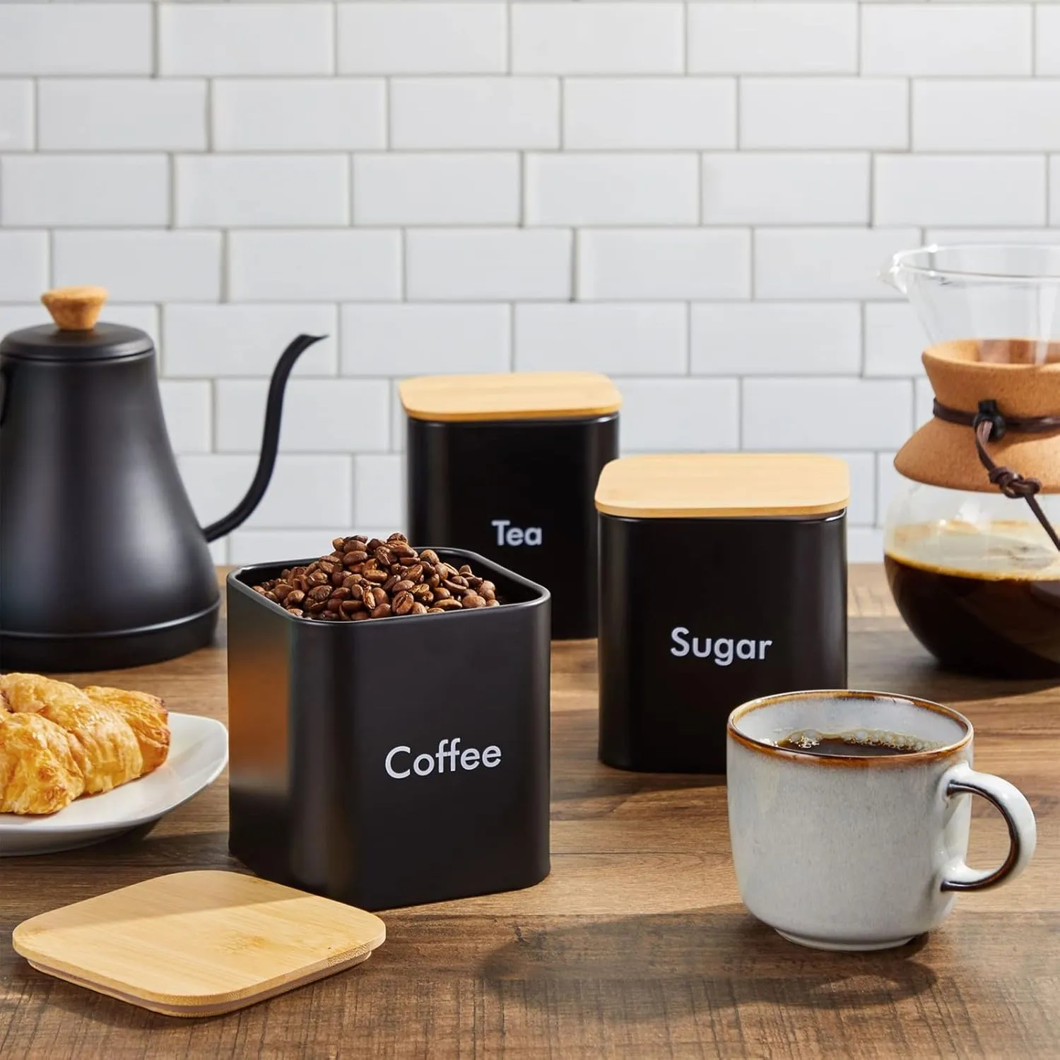 Juvale Coffee Tea Sugar Container Set - Black Iron Kitchen Canister Set with Bamboo Lids (3 Pieces, 48 oz)