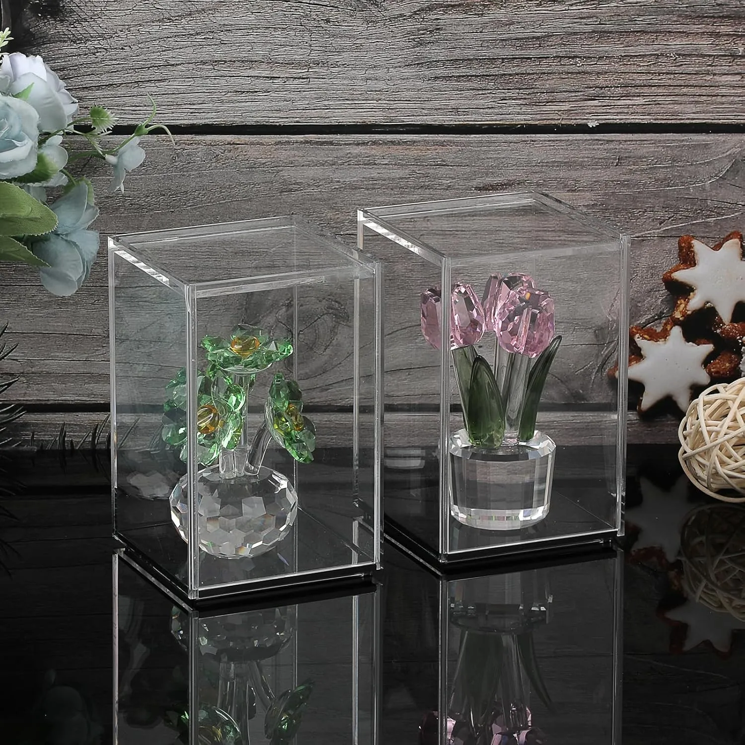 JUXYES Pack of 2 Clear Acrylic Display Case with Sliding Door for Mini Action Figures, Stackable Display Case Cube Small Showcase Free Standing Collectibles Protection Box, Black Bottom