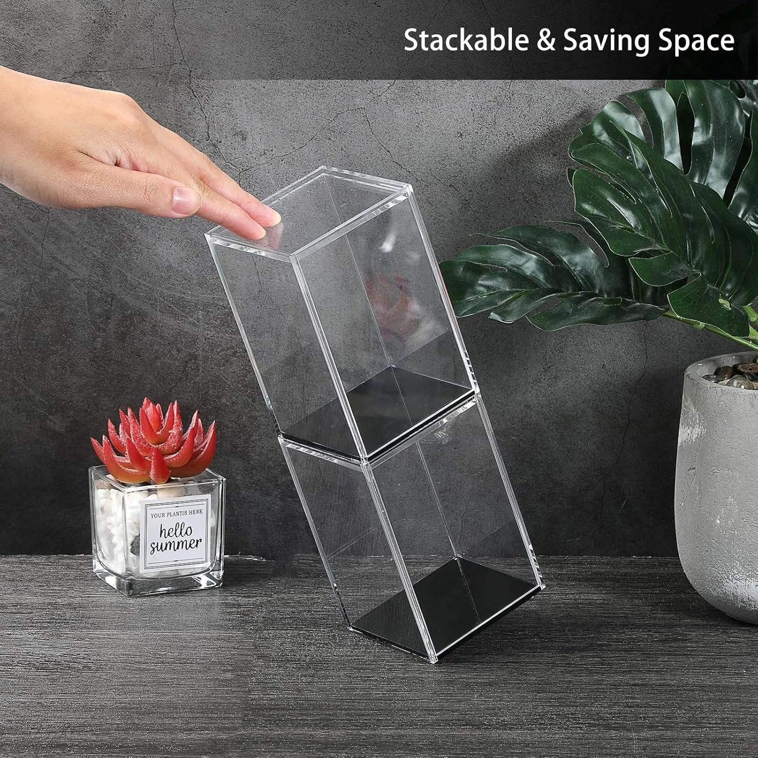JUXYES Pack of 2 Clear Acrylic Display Case with Sliding Door for Mini Action Figures, Stackable Display Case Cube Small Showcase Free Standing Collectibles Protection Box, Black Bottom