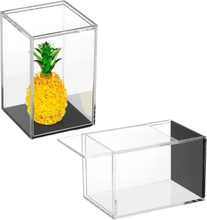 JUXYES Pack of 2 Clear Acrylic Display Case with Sliding Door for Mini Action Figures, Stackable Display Case Cube Small Showcase Free Standing Collectibles Protection Box, Black Bottom