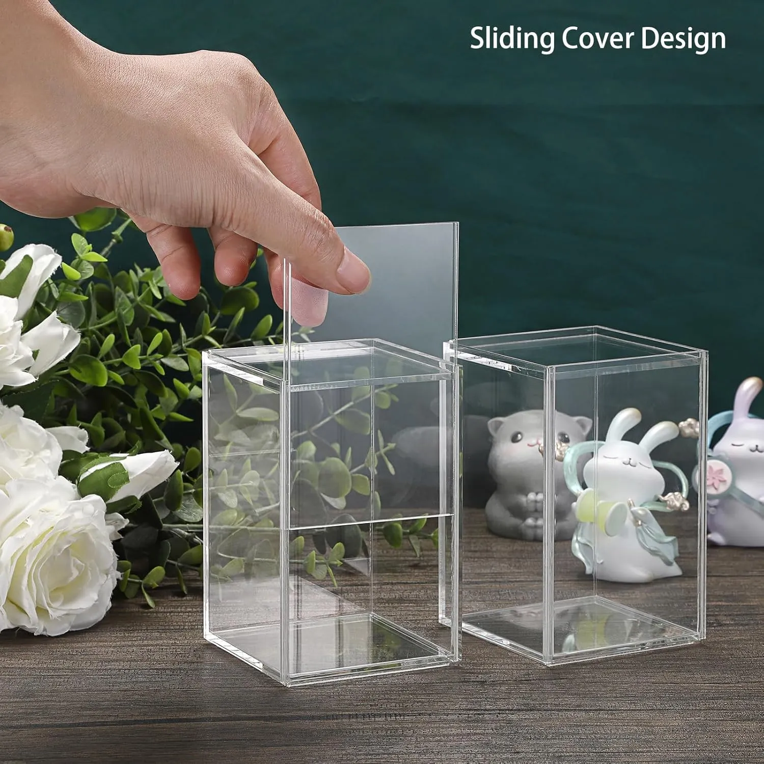 JUXYES Pack of 2 Clear Display Case for Mini Action Figures, Acrylic Box With Sliding Door, Stackable Cube Small Showcase, Free Standing Collectibles Protection
