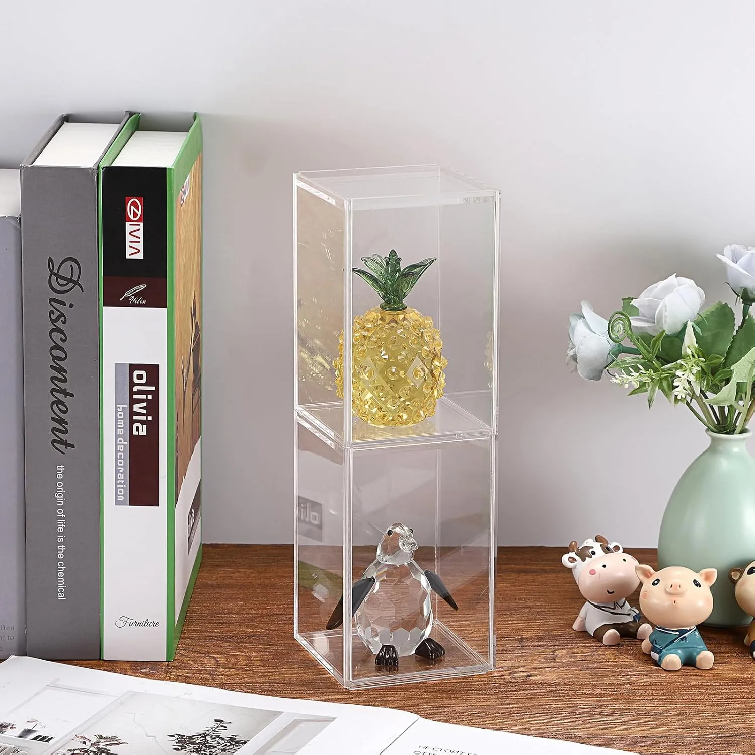 JUXYES Pack of 2 Clear Display Case for Mini Action Figures, Acrylic Box With Sliding Door, Stackable Cube Small Showcase, Free Standing Collectibles Protection