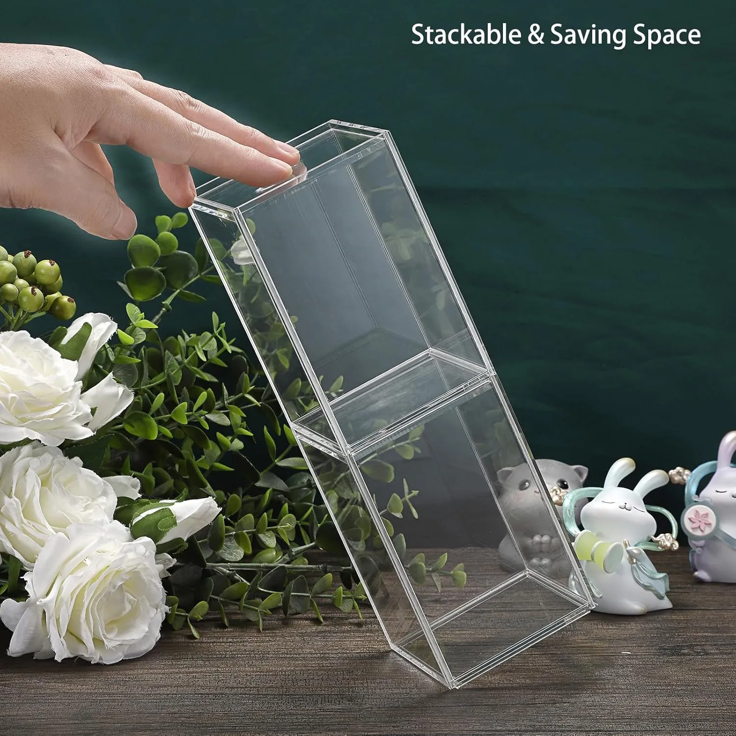 JUXYES Pack of 2 Clear Display Case for Mini Action Figures, Acrylic Box With Sliding Door, Stackable Cube Small Showcase, Free Standing Collectibles Protection