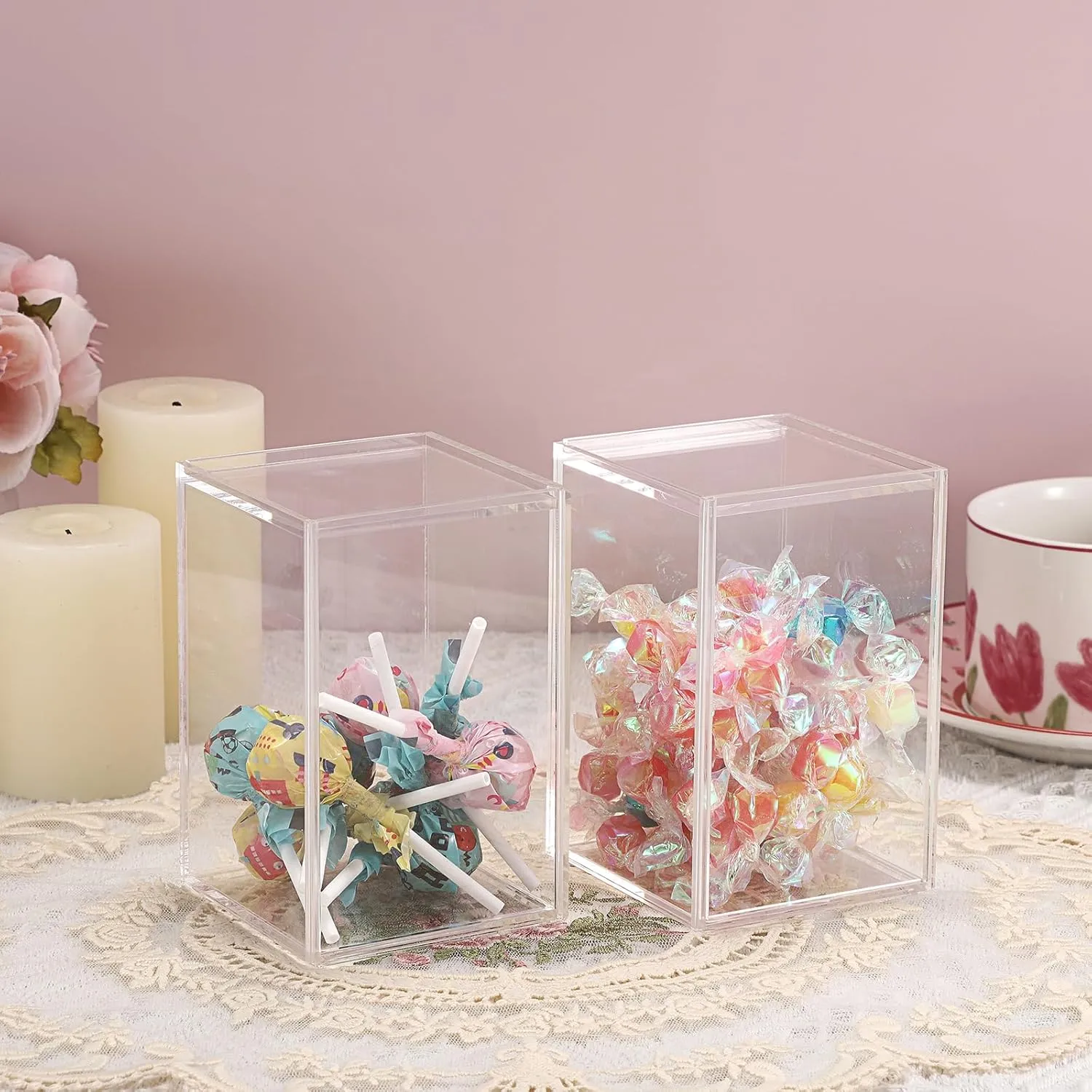 JUXYES Pack of 2 Clear Display Case for Mini Action Figures, Acrylic Box With Sliding Door, Stackable Cube Small Showcase, Free Standing Collectibles Protection