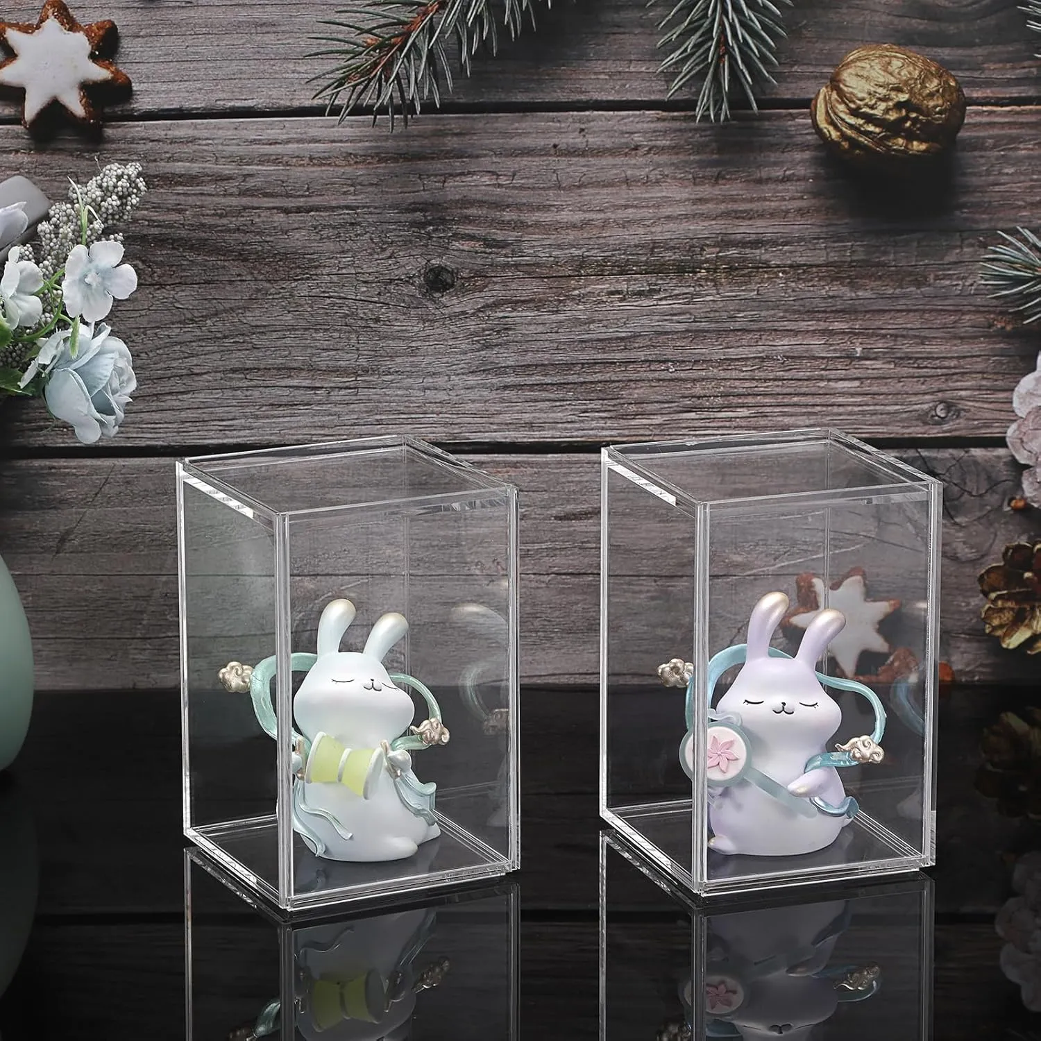 JUXYES Pack of 2 Clear Display Case for Mini Action Figures, Acrylic Box With Sliding Door, Stackable Cube Small Showcase, Free Standing Collectibles Protection