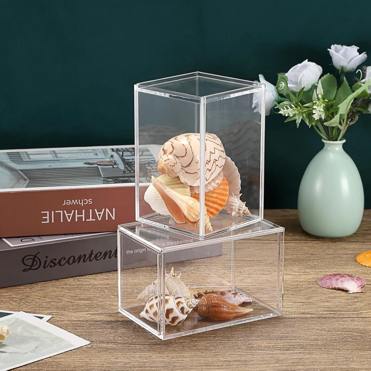 JUXYES Pack of 2 Clear Display Case for Mini Action Figures, Acrylic Box With Sliding Door, Stackable Cube Small Showcase, Free Standing Collectibles Protection