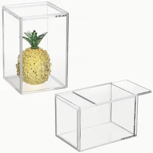 JUXYES Pack of 2 Clear Display Case for Mini Action Figures, Acrylic Box With Sliding Door, Stackable Cube Small Showcase, Free Standing Collectibles Protection