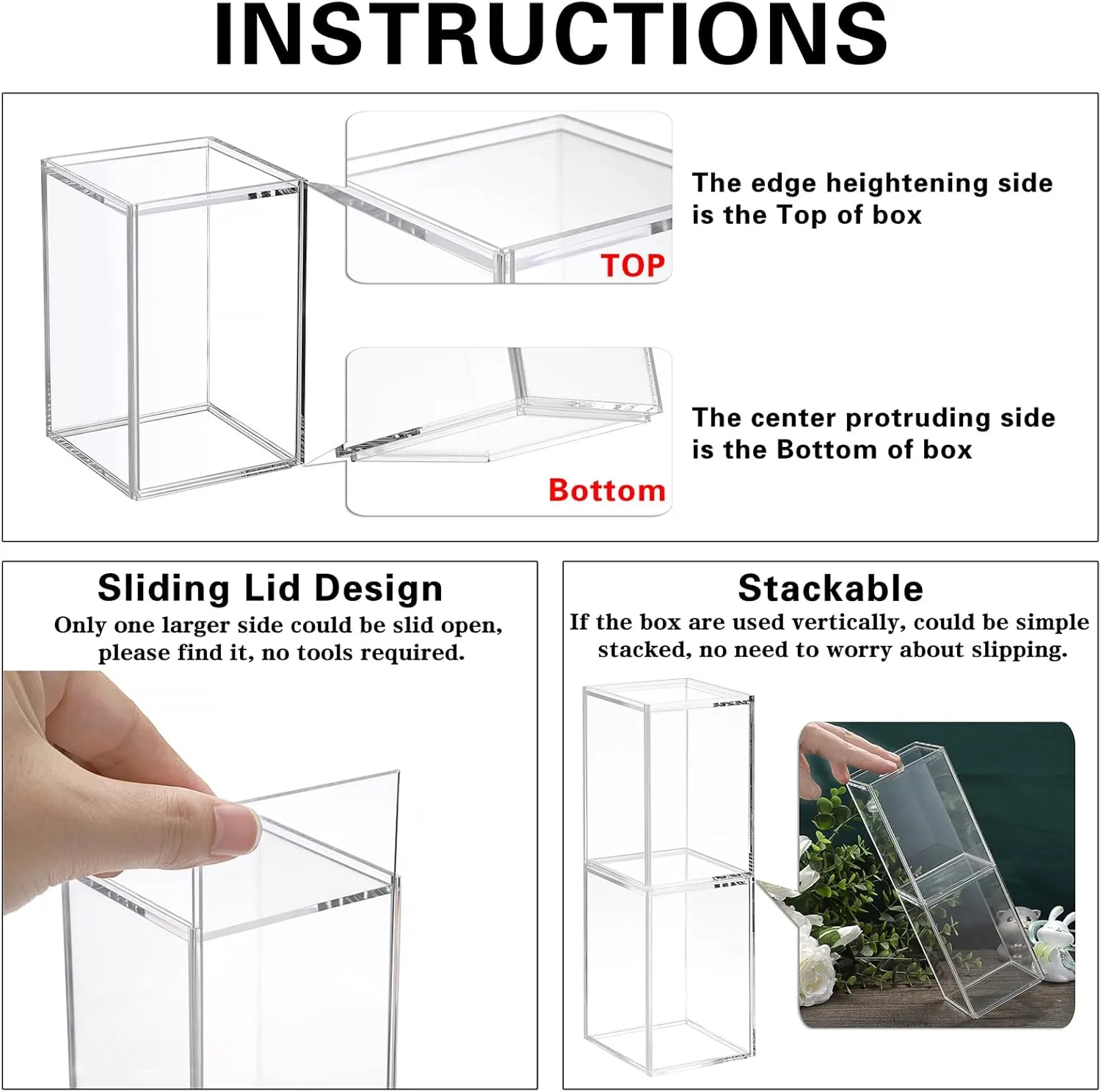 JUXYES Pack of 2 Clear Display Case for Mini Action Figures, Acrylic Box With Sliding Door, Stackable Cube Small Showcase, Free Standing Collectibles Protection