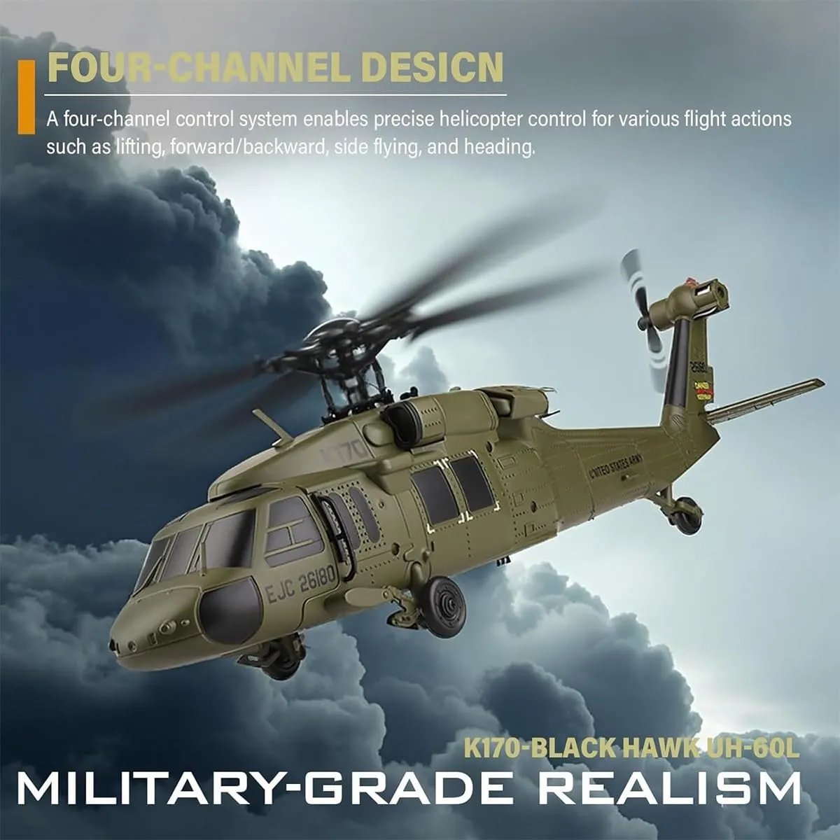 K170 UH60L Remote Controlled Helicopter 2.4Ghz 4CH RC Helicopter with 6-Axis Gyroscope, Altitude Hovering Remote Control Drone Single Propeller Military Aircraft Without Ailerons for Adults Beginners