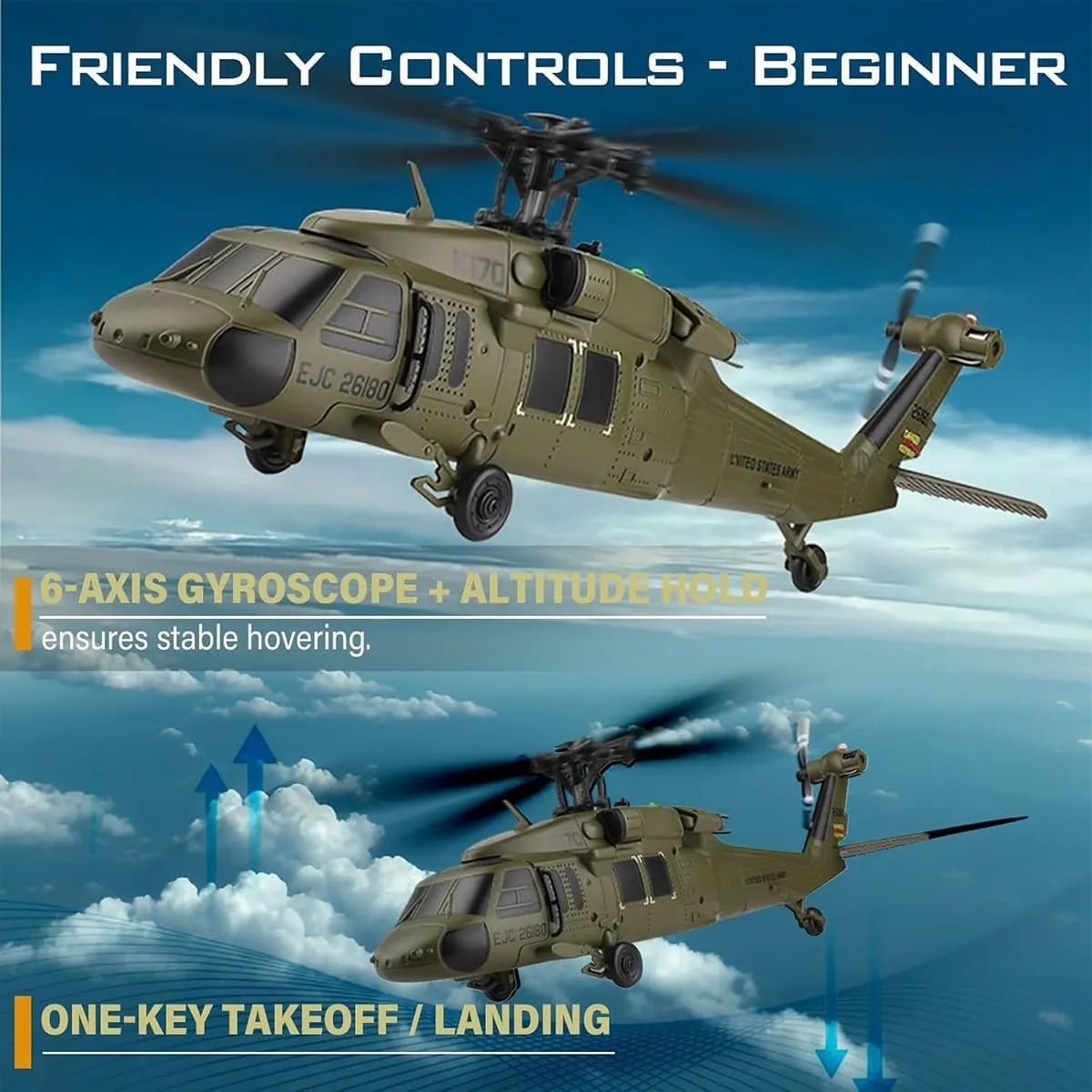 K170 UH60L Remote Controlled Helicopter 2.4Ghz 4CH RC Helicopter with 6-Axis Gyroscope, Altitude Hovering Remote Control Drone Single Propeller Military Aircraft Without Ailerons for Adults Beginners
