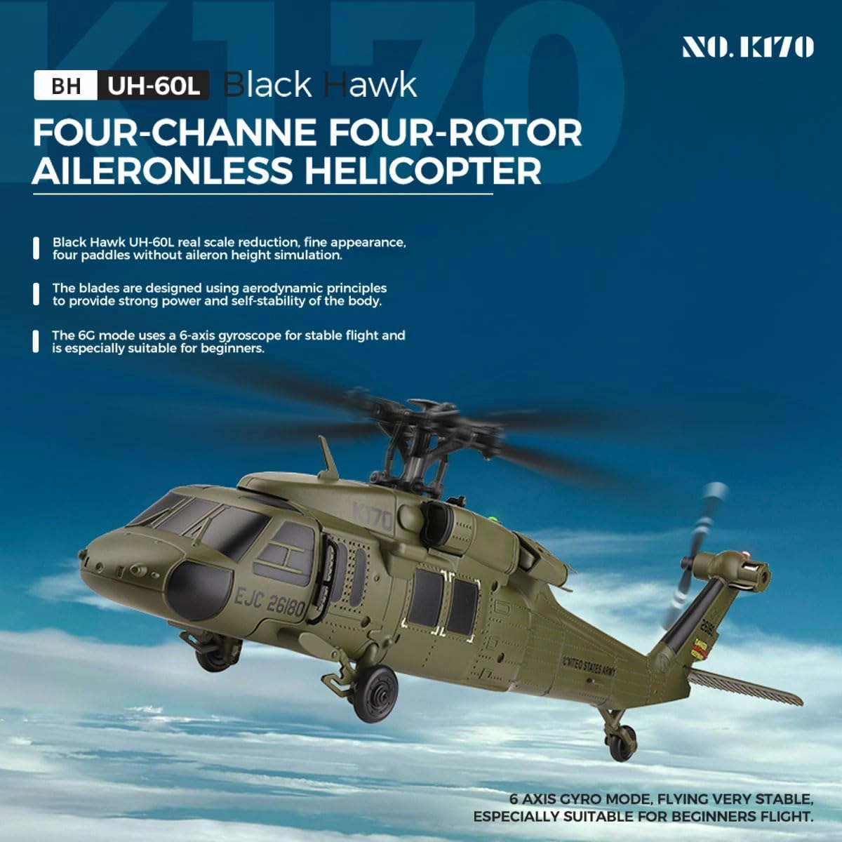 K170 UH60L RC Helicopter for Adults, 6-Axis Gyro Brushless Motor 2.4G 4CH Remote Contro Military Aircraft Single Wing Aileron Free Altitude Hovering
