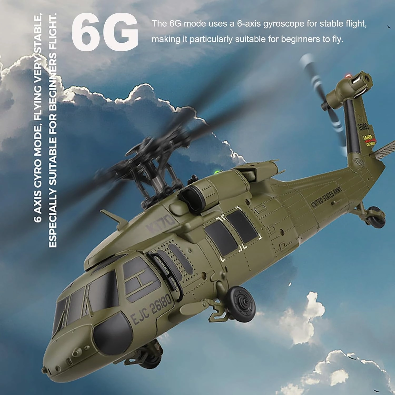 K170 UH60L RC Helicopter for Adults, 6-Axis Gyro Brushless Motor 2.4G 4CH Remote Contro Military Aircraft Single Wing Aileron Free Altitude Hovering, RTF - 2 Battery