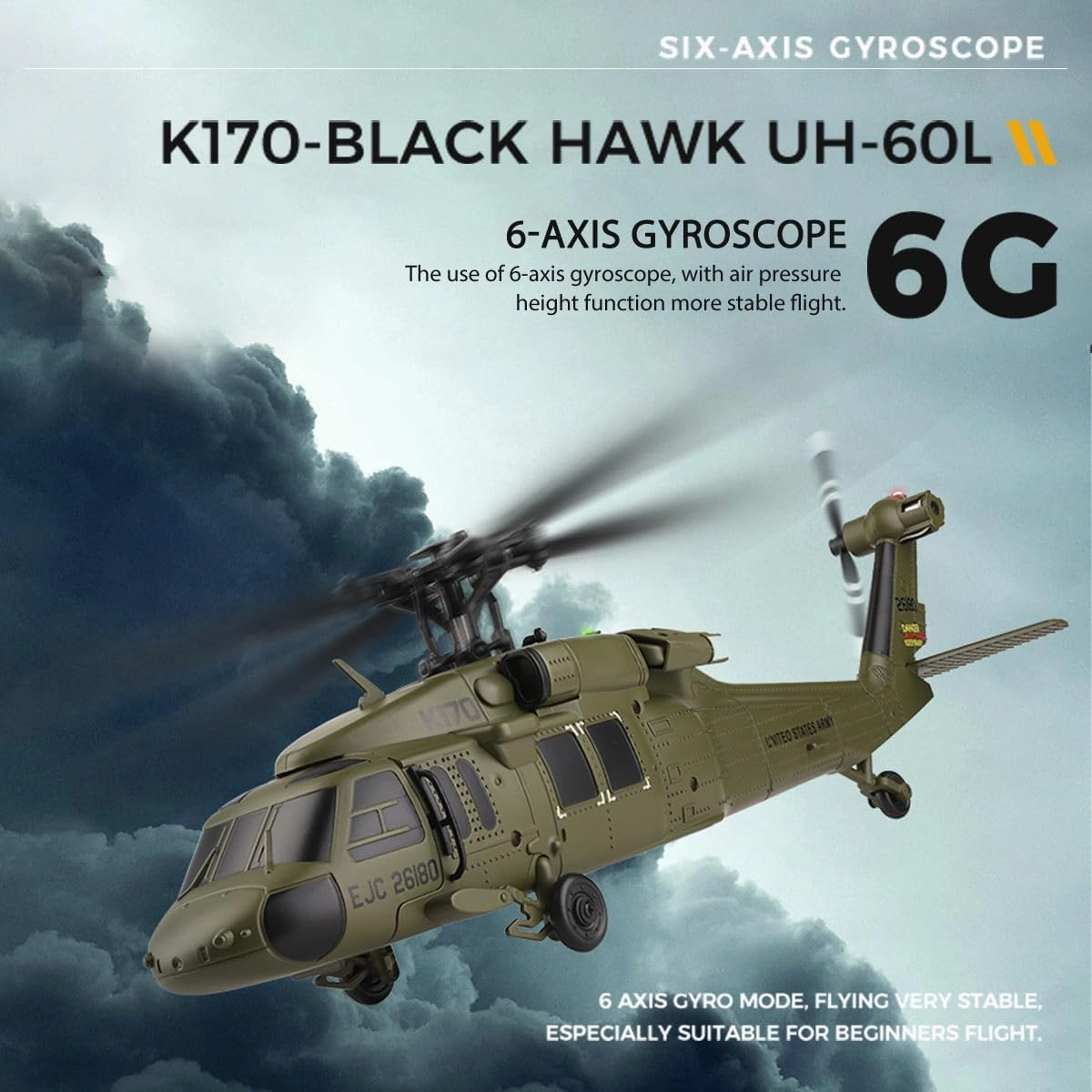 K170 UH60L RC Helicopter for Adults, 6-Axis Gyro Brushless Motor 2.4G 4CH Remote Contro Military Aircraft Single Wing Aileron Free Altitude Hovering