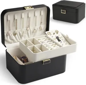 KAMIER Jewelry Box,2 Layer Jewelry Organizer for Earrings Bracelets Rings Necklaces,Luxury Leather & Soft Velvet Lined,Gift Box Packaging,Black