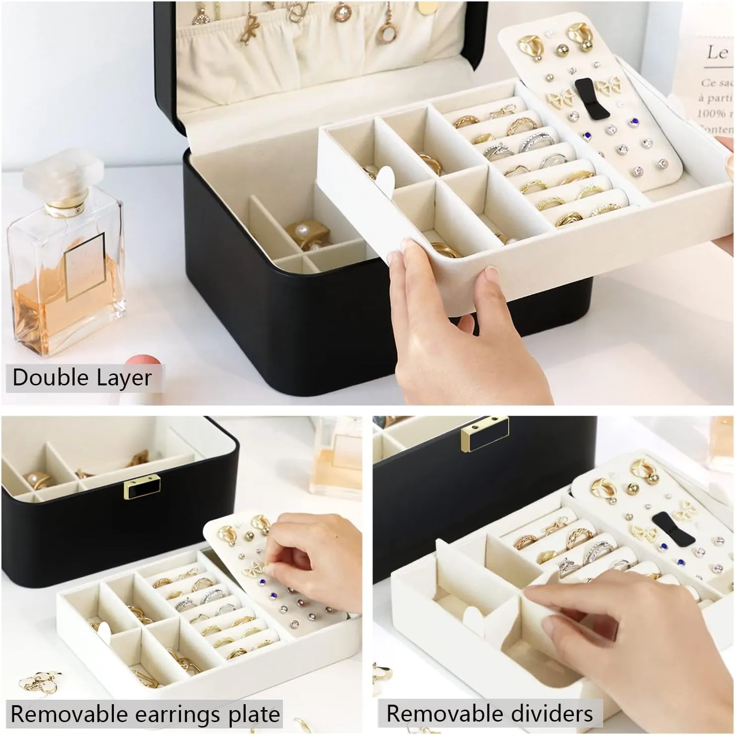 KAMIER Jewelry Box,2 Layer Jewelry Organizer for Earrings Bracelets Rings Necklaces,Luxury Leather & Soft Velvet Lined,Gift Box Packaging,Black