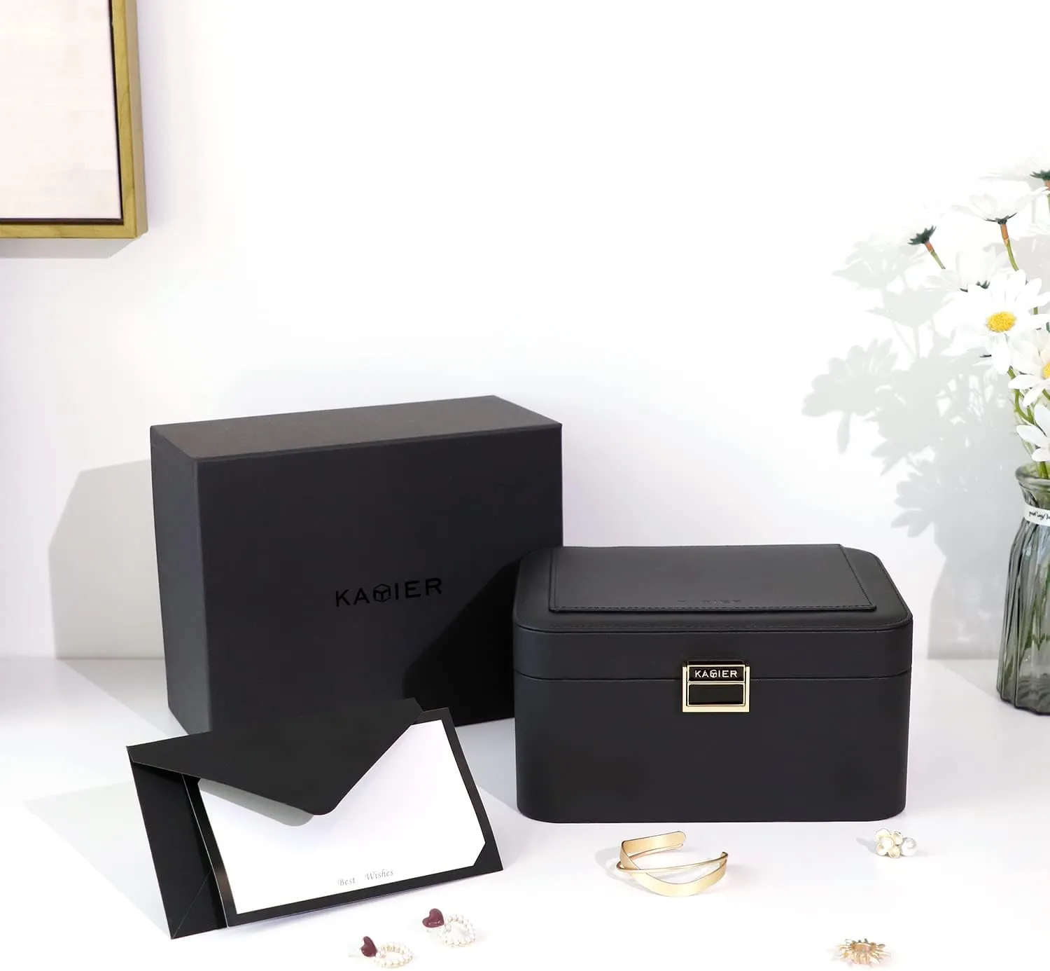 KAMIER Jewelry Box,2 Layer Jewelry Organizer for Earrings Bracelets Rings Necklaces,Luxury Leather & Soft Velvet Lined,Gift Box Packaging,Black
