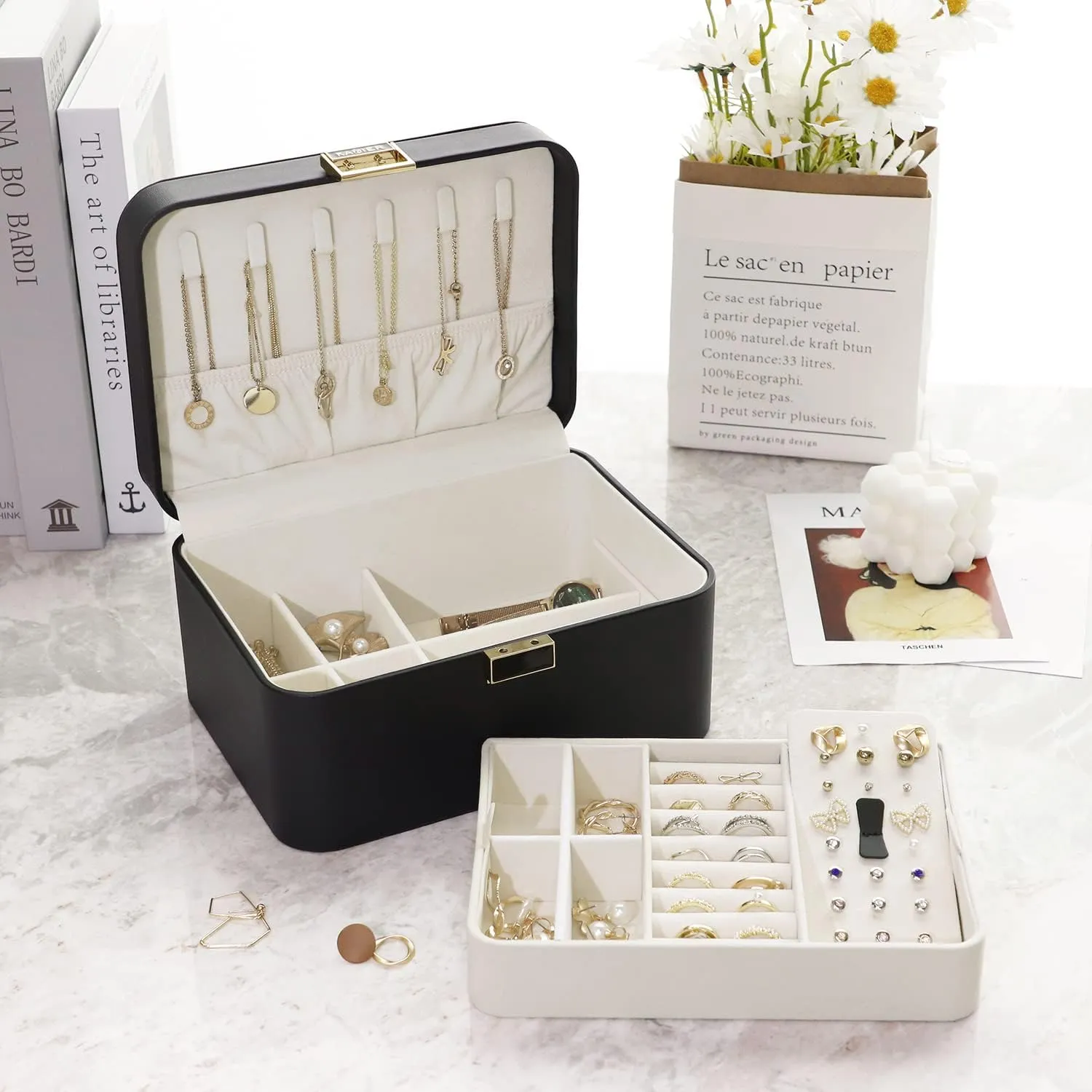 KAMIER Jewelry Box,2 Layer Jewelry Organizer for Earrings Bracelets Rings Necklaces,Luxury Leather & Soft Velvet Lined,Gift Box Packaging,Black