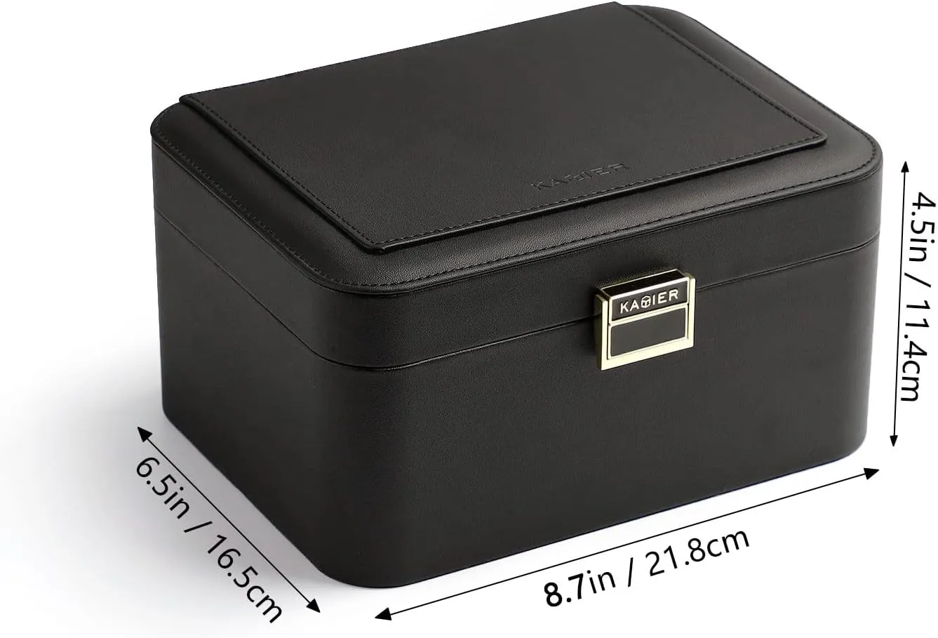 KAMIER Jewelry Box,2 Layer Jewelry Organizer for Earrings Bracelets Rings Necklaces,Luxury Leather & Soft Velvet Lined,Gift Box Packaging,Black